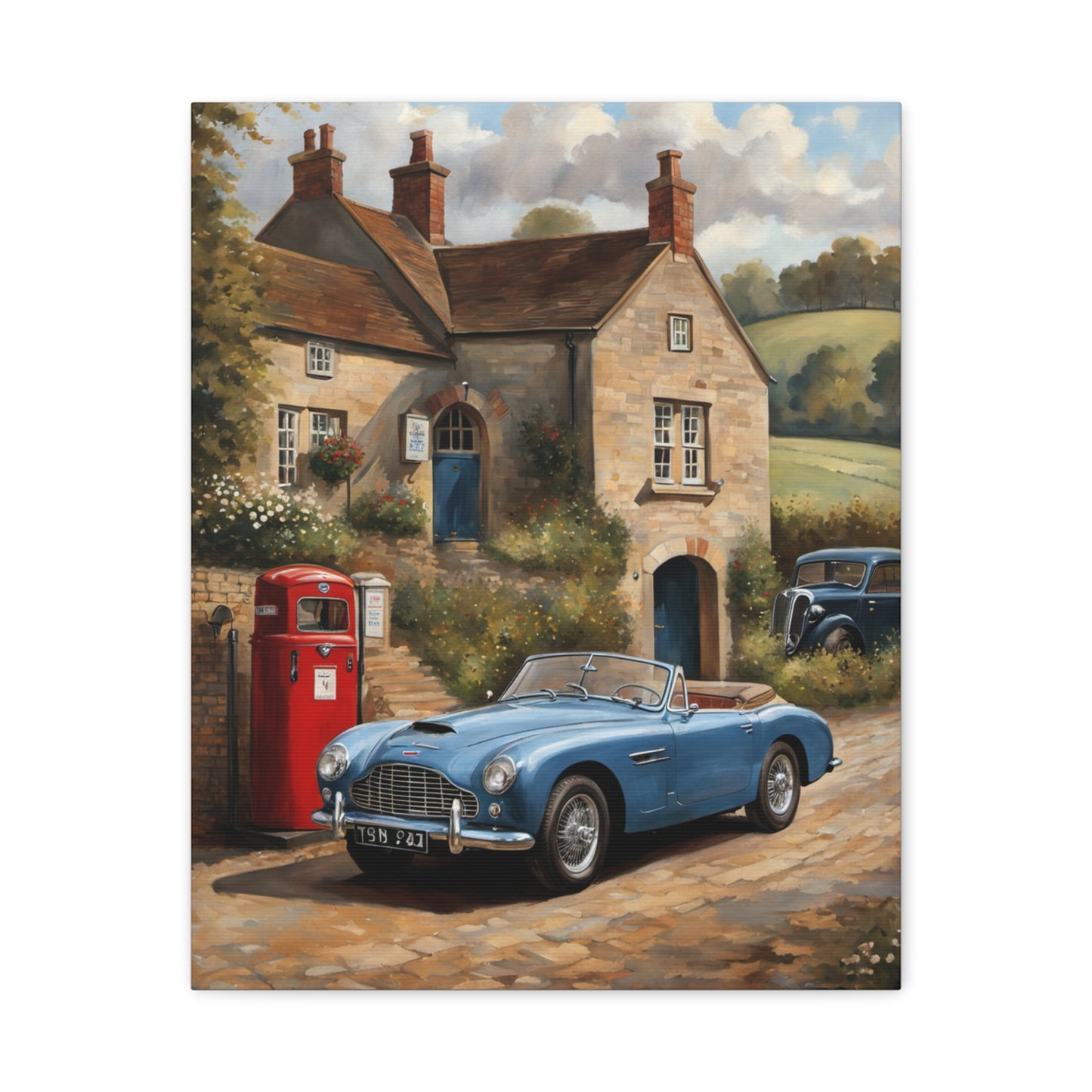 Old Car Canvas Print featuring a vintage blue car in front of a cottage and gas station