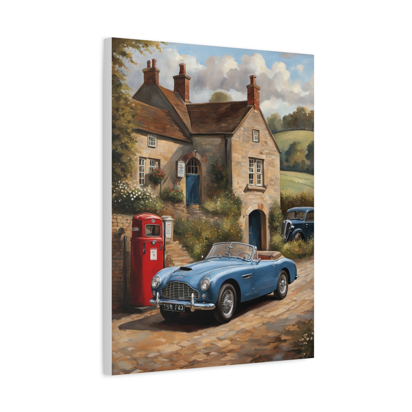 Old Car Canvas Print featuring a classic blue convertible parked by a vintage phone booth