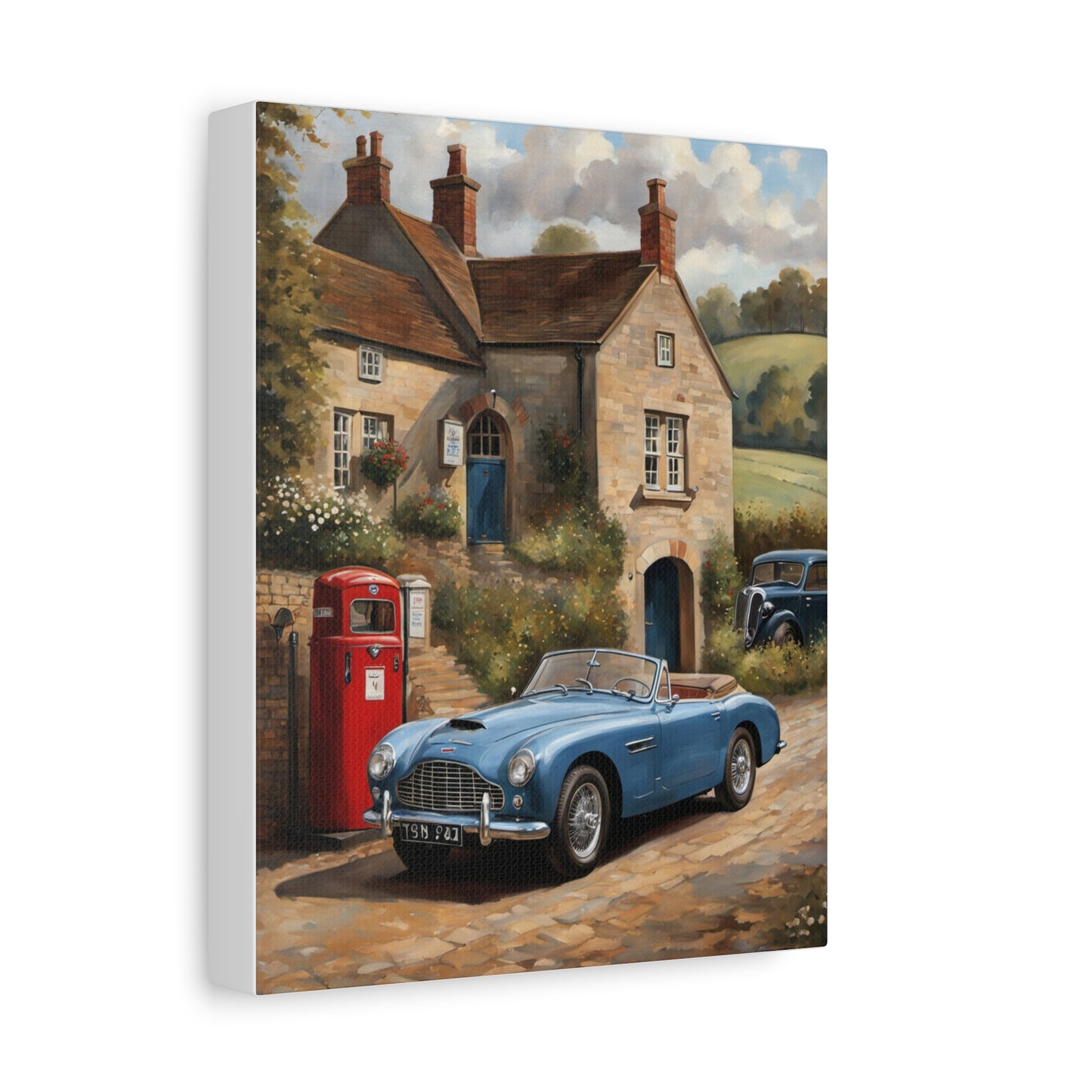 Old Car Canvas Print featuring a vintage blue convertible parked near a quaint cottage and vintage gas pump