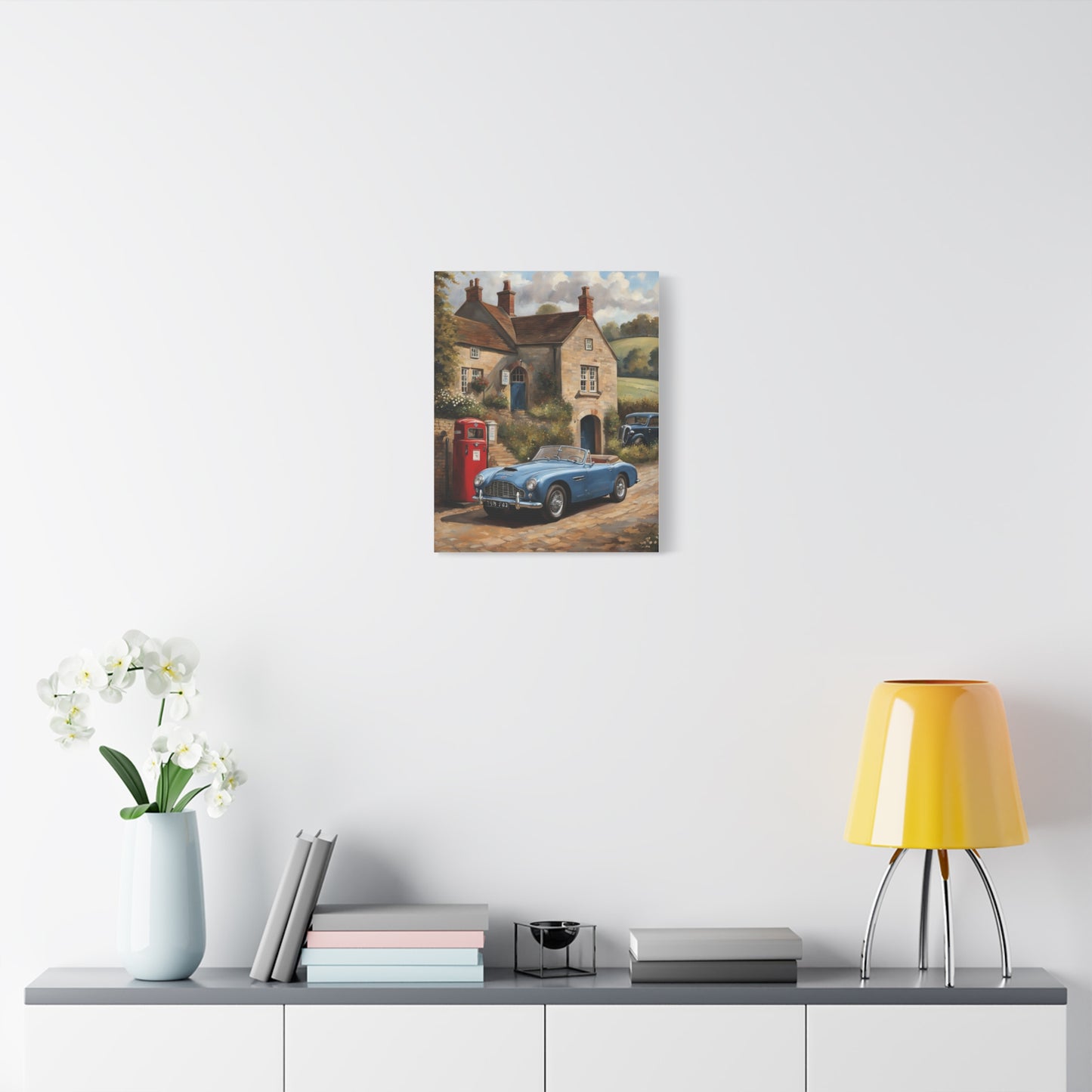 Old Car Canvas Print featuring a vintage car near a rustic house and red phone booth