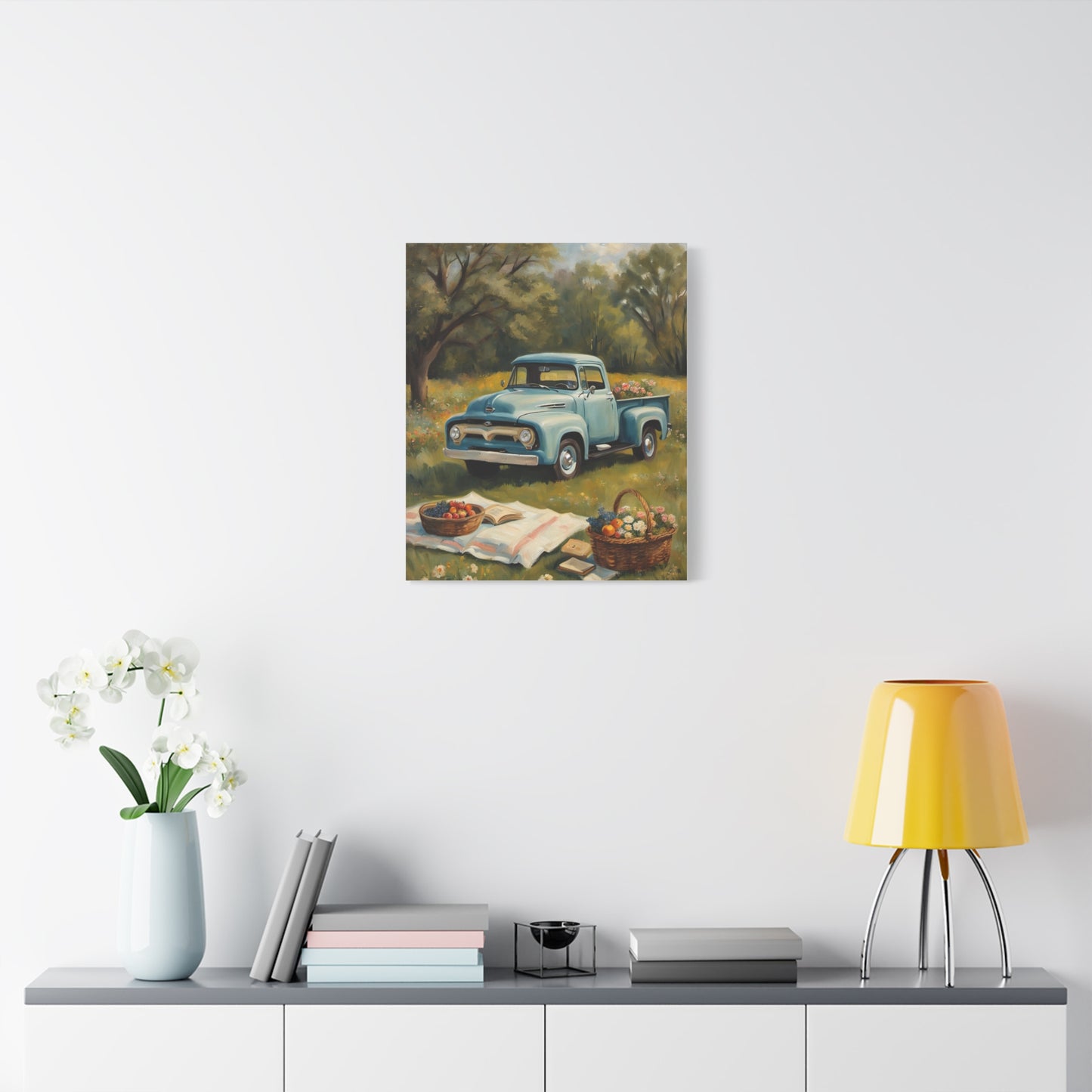 Old Truck Canvas Art Print featuring a vintage truck with baskets in a scenic park setting