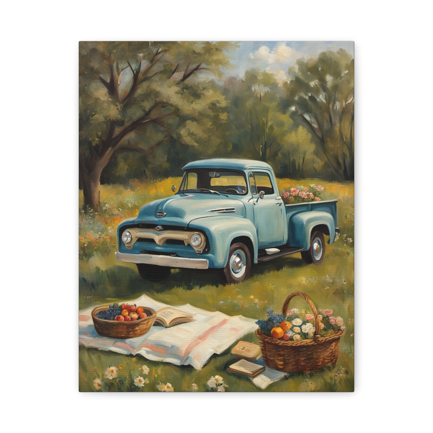 Old Truck Canvas Art Print featuring a vintage blue truck in a flower-filled meadow
