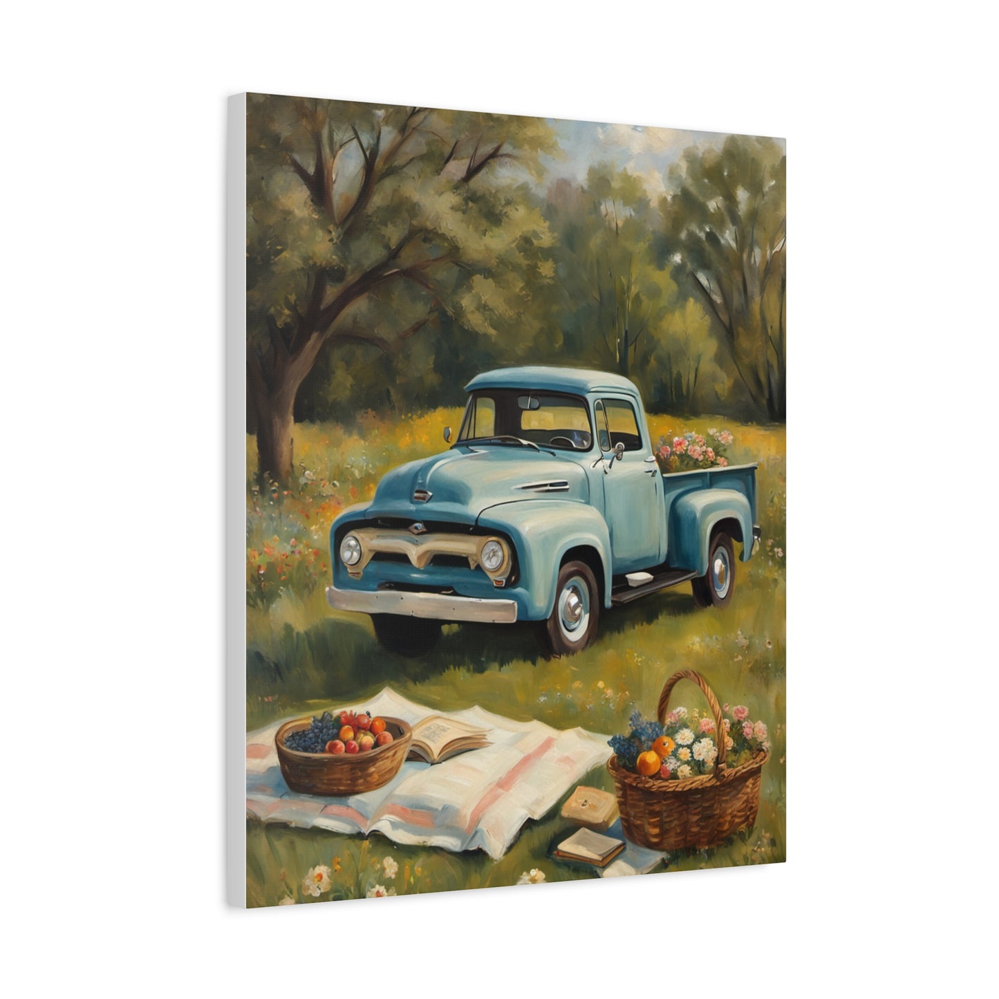 Old Truck Canvas Art Print featuring a vintage blue truck in a scenic picnic setting