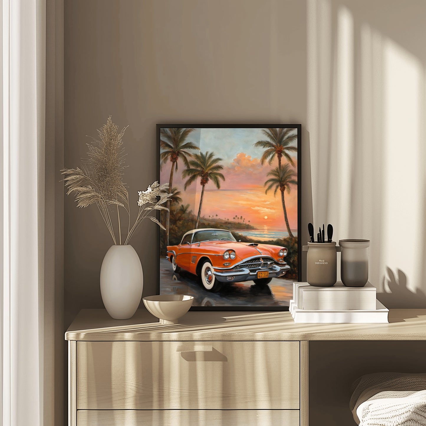 AquilVision digital palm tree coastal decor featuring classic car and sunset print on modern wooden dresser