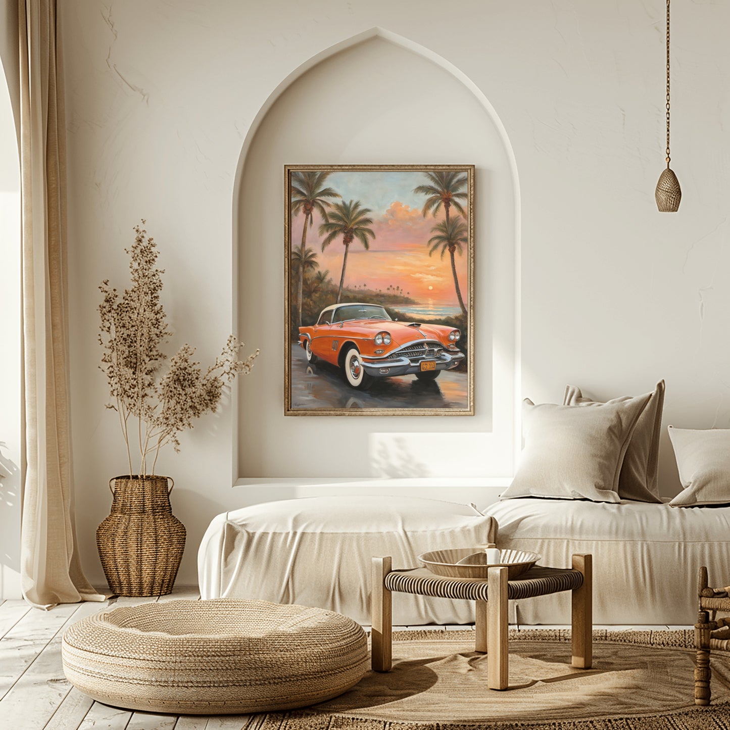 Palm tree coastal decor digital artwork featuring vintage car at sunset by AquilVision in modern room