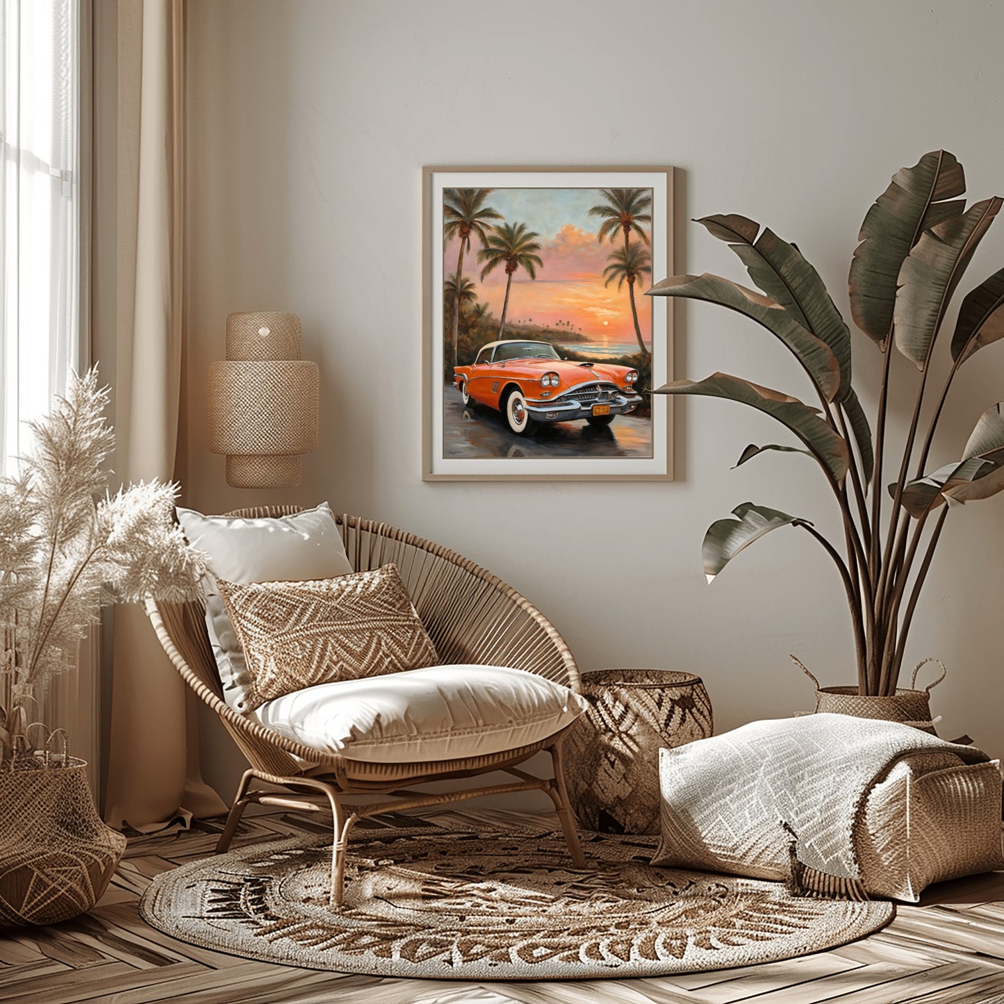 Cozy living room with wicker chair and framed palm tree coastal decor featuring vintage car sunset scene