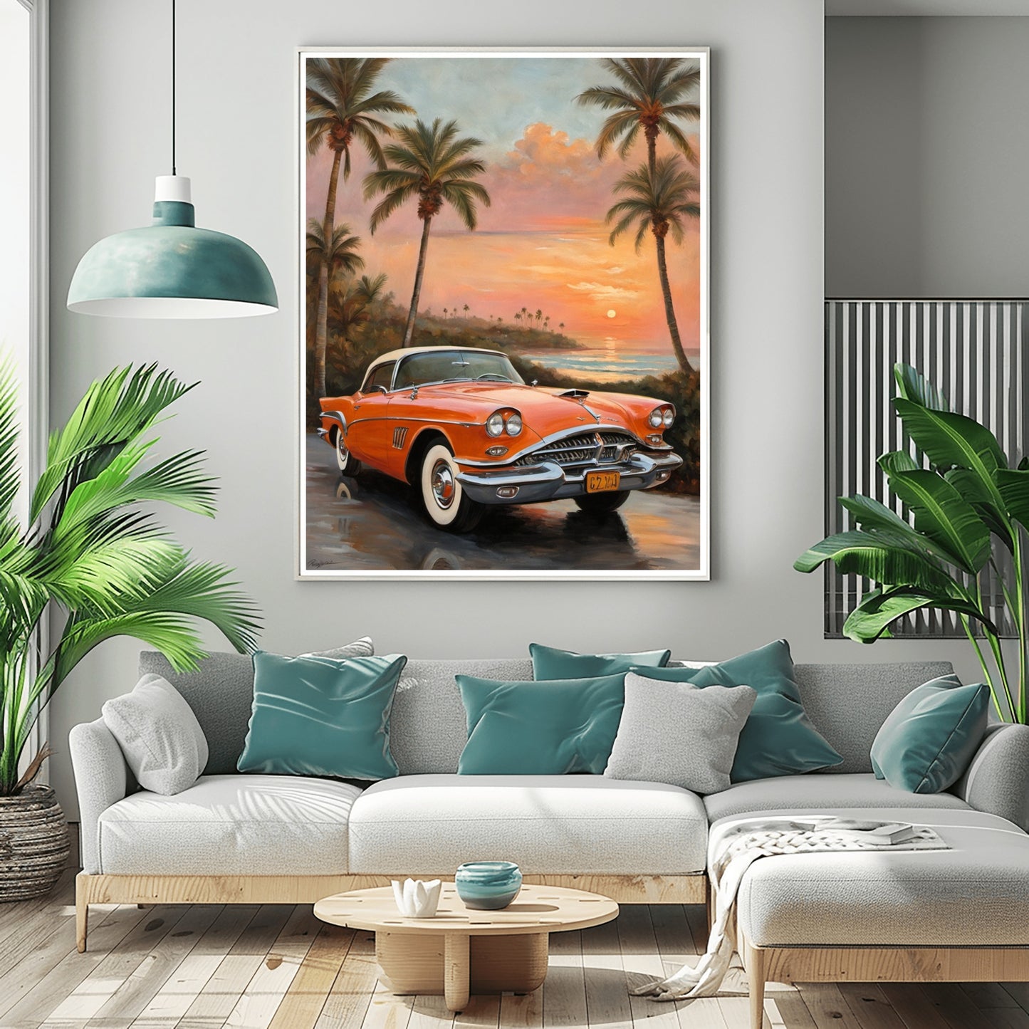 AquilVision digital palm tree coastal decor featuring classic car at sunset in a modern living room