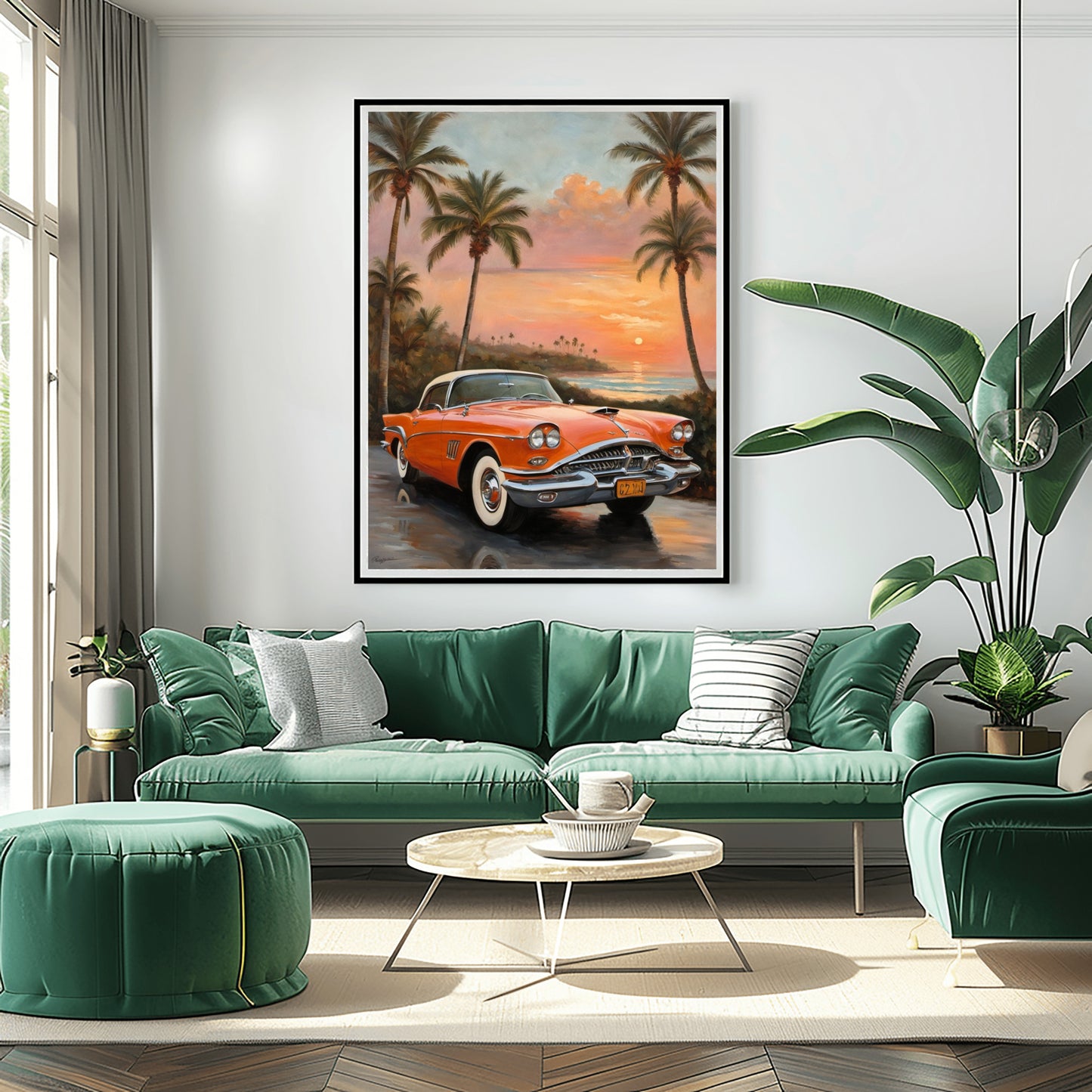 AquilVision digital wall art featuring palm tree coastal decor with a vintage car at sunset above green living room sofa