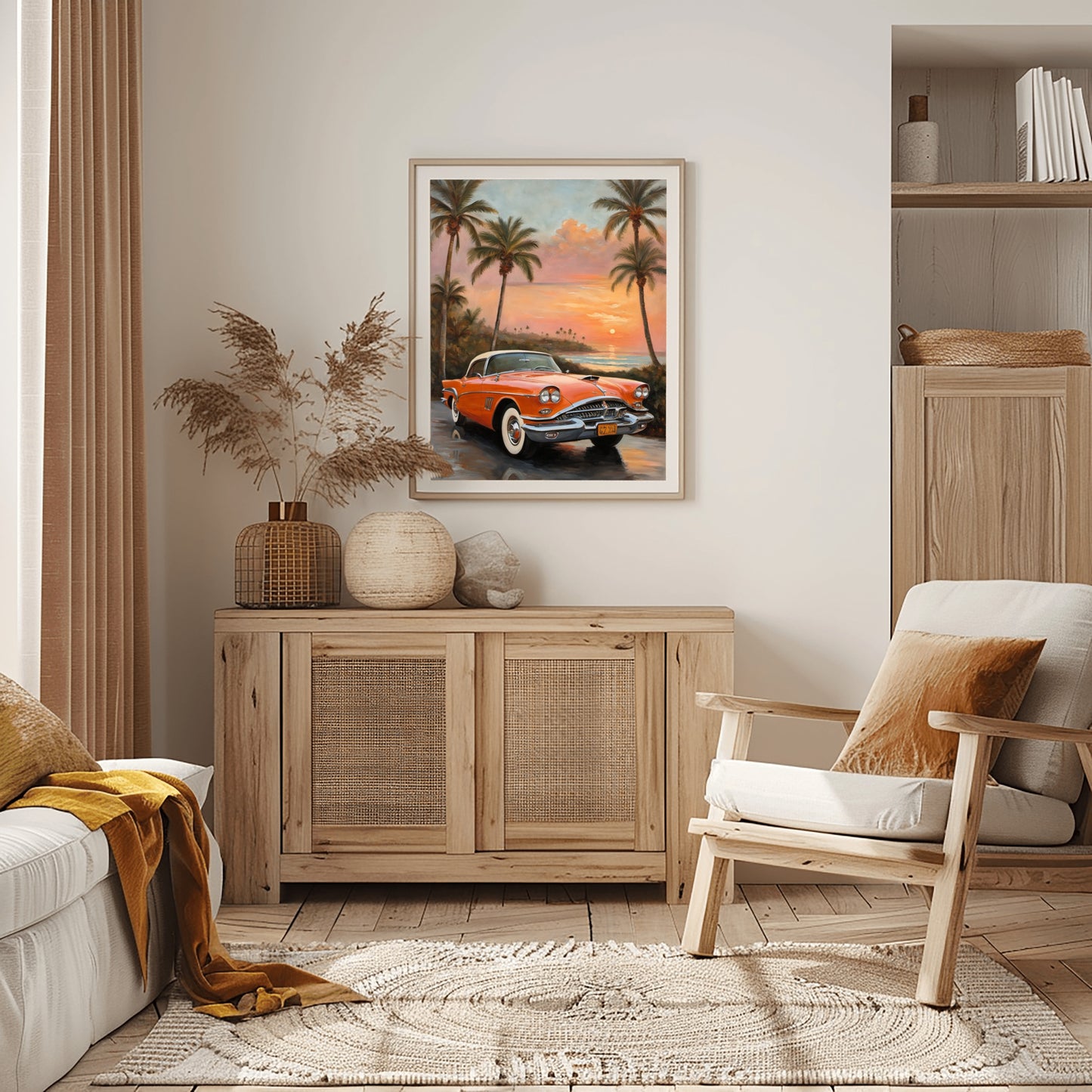 Living room with palm tree coastal decor digital art featuring classic car and sunset over palm trees