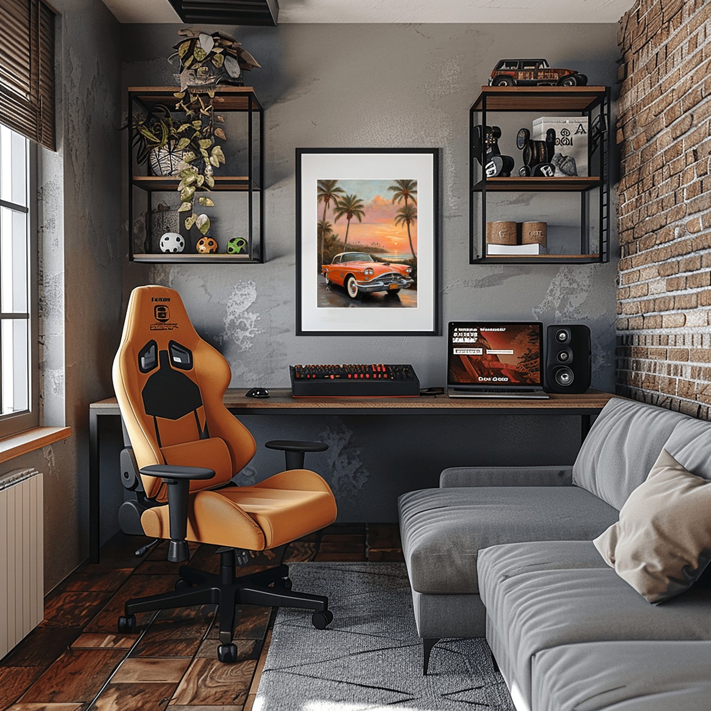 Digital artwork of classic car with palm tree coastal decor framed on wall in modern office space