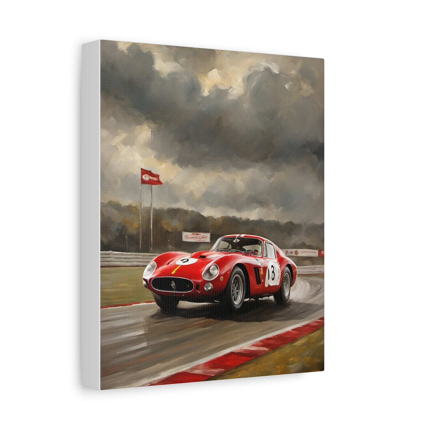 Racing Car Art Print featuring a red vintage racing car on a wet track with dramatic clouds