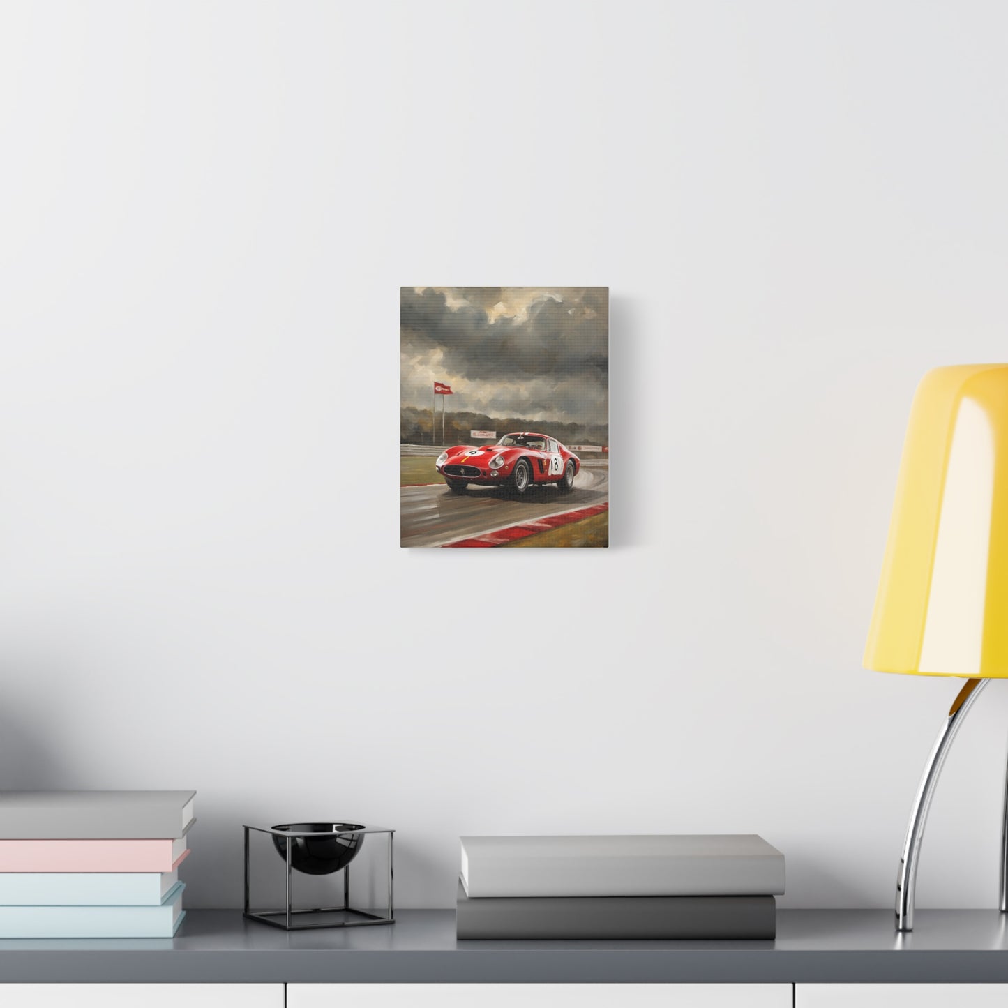 Racing Car Art Print featuring a dynamic car on a racetrack with dramatic skies