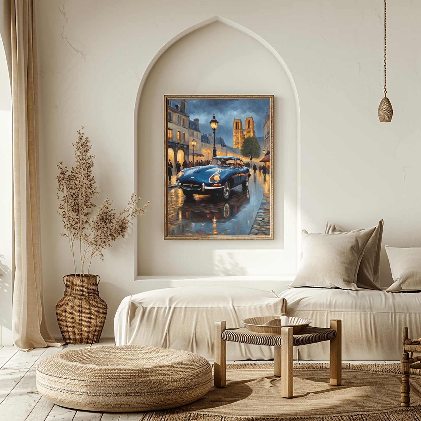 Rainy Paris evening artwork by AquilVision displayed in a minimalist beige living room above a white sofa