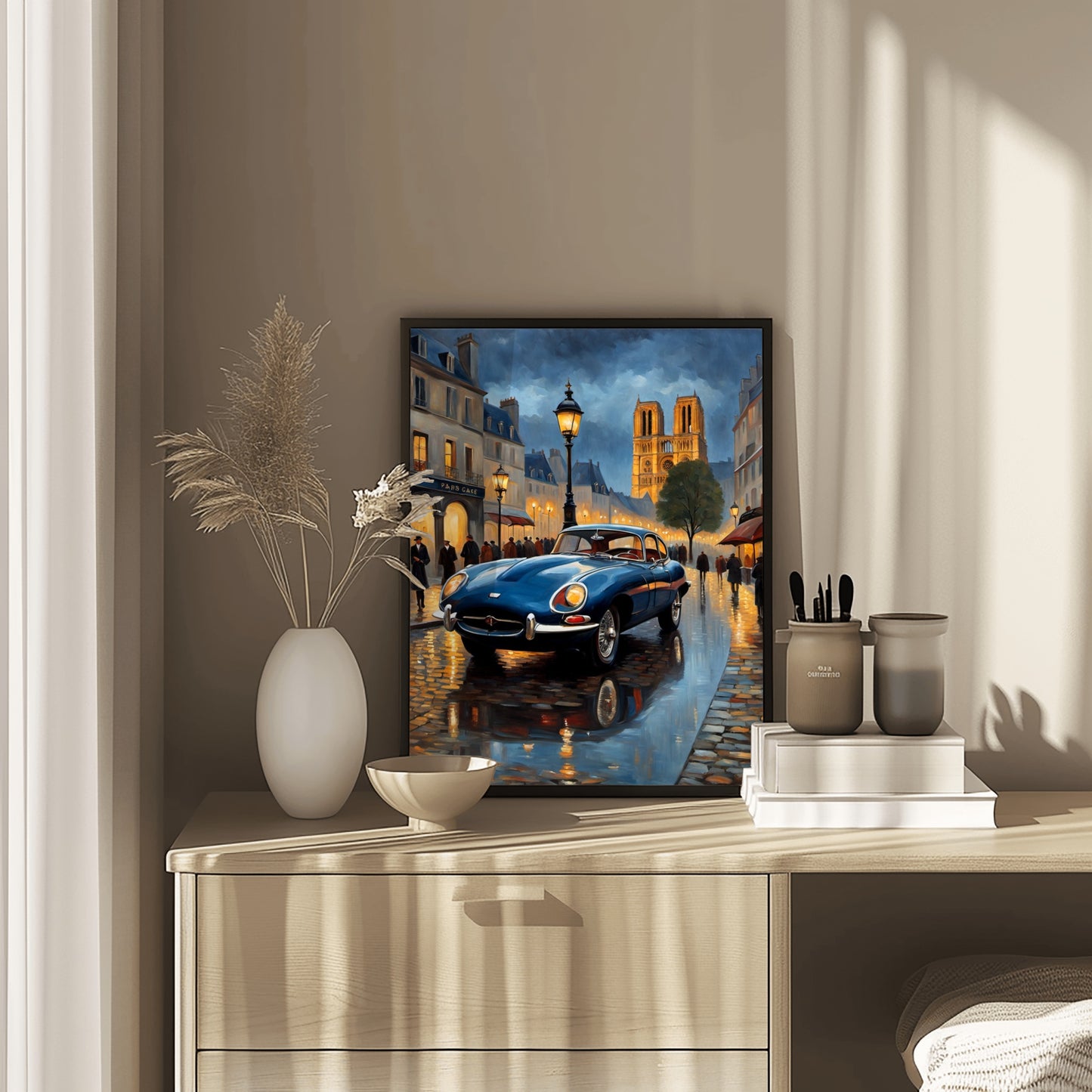 AquilVision digital rainy Paris evening artwork featuring a classic car and glowing street lamps