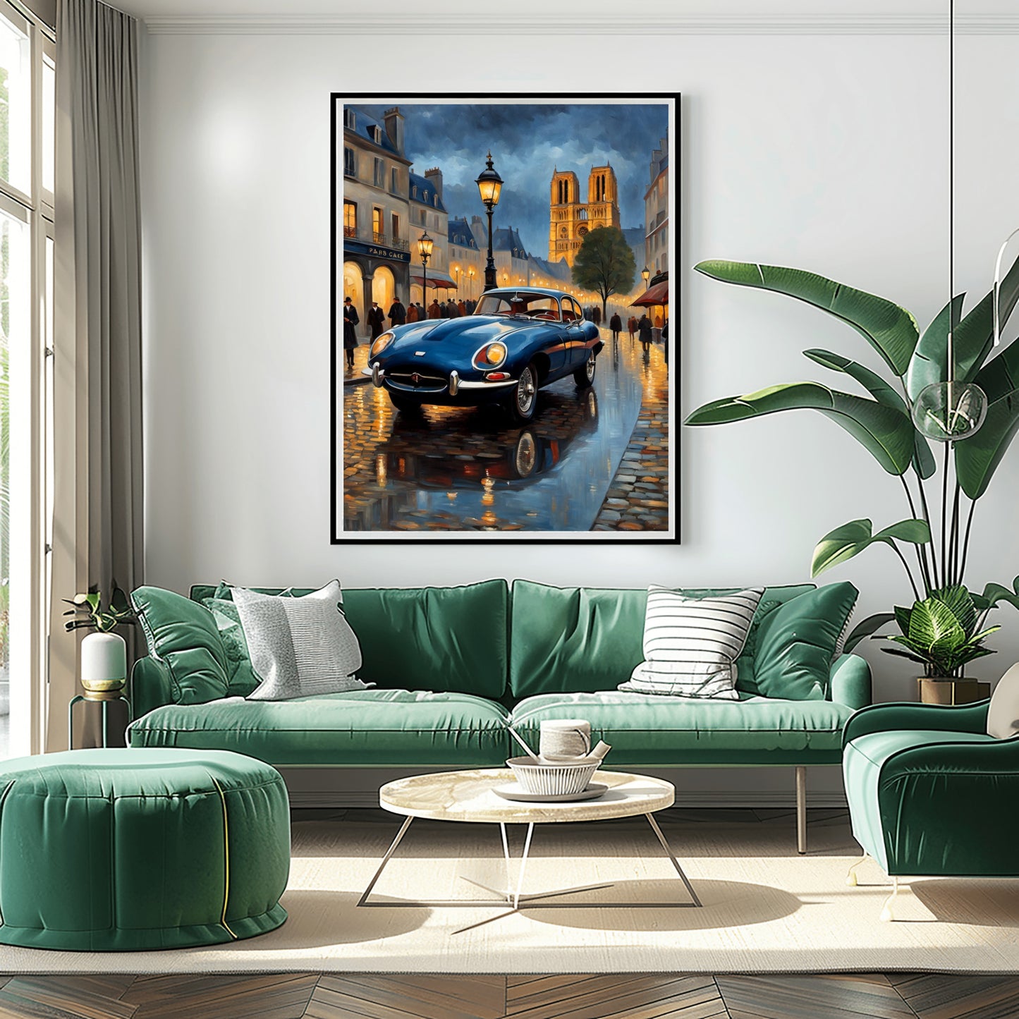 Framed rainy Paris evening artwork featuring a vintage blue car on a wet street with Parisian architecture