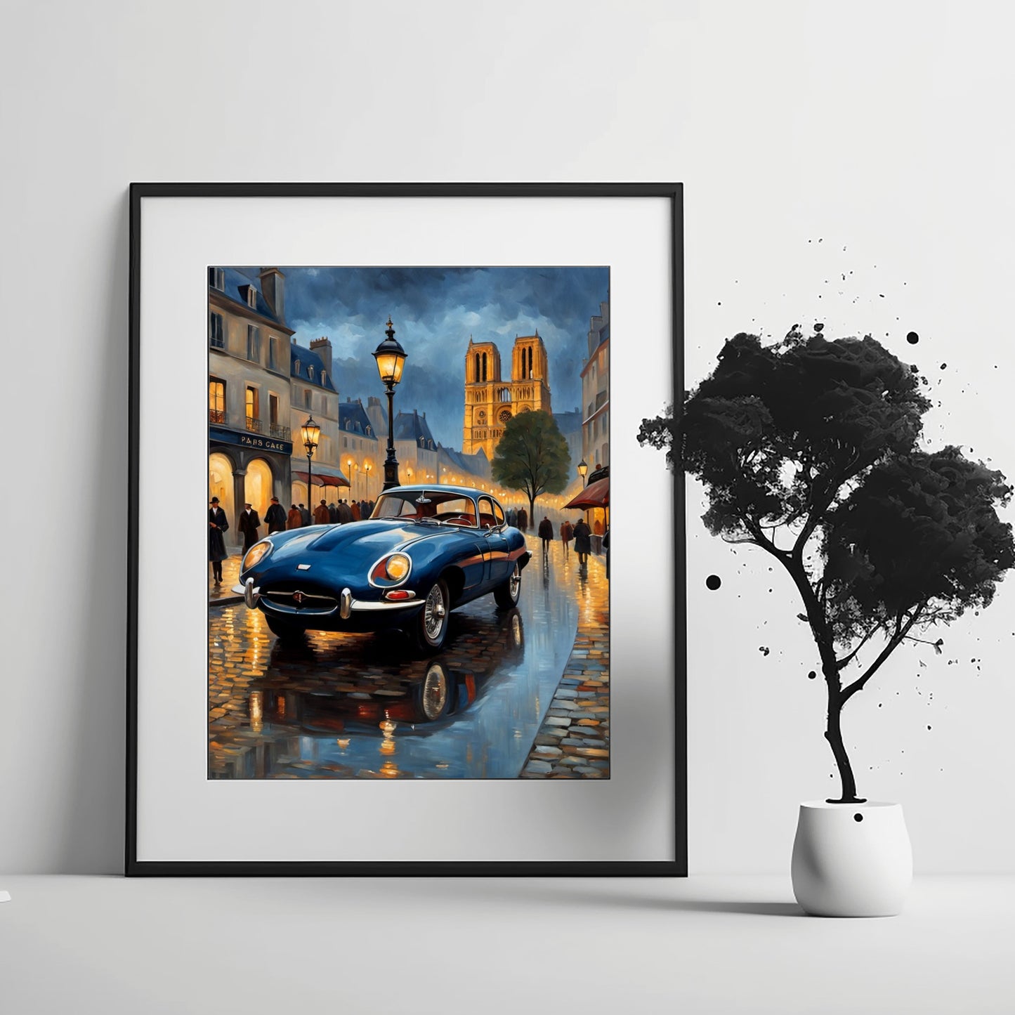 Framed digital rainy Paris evening artwork by AquilVision featuring classic car and Notre Dame view