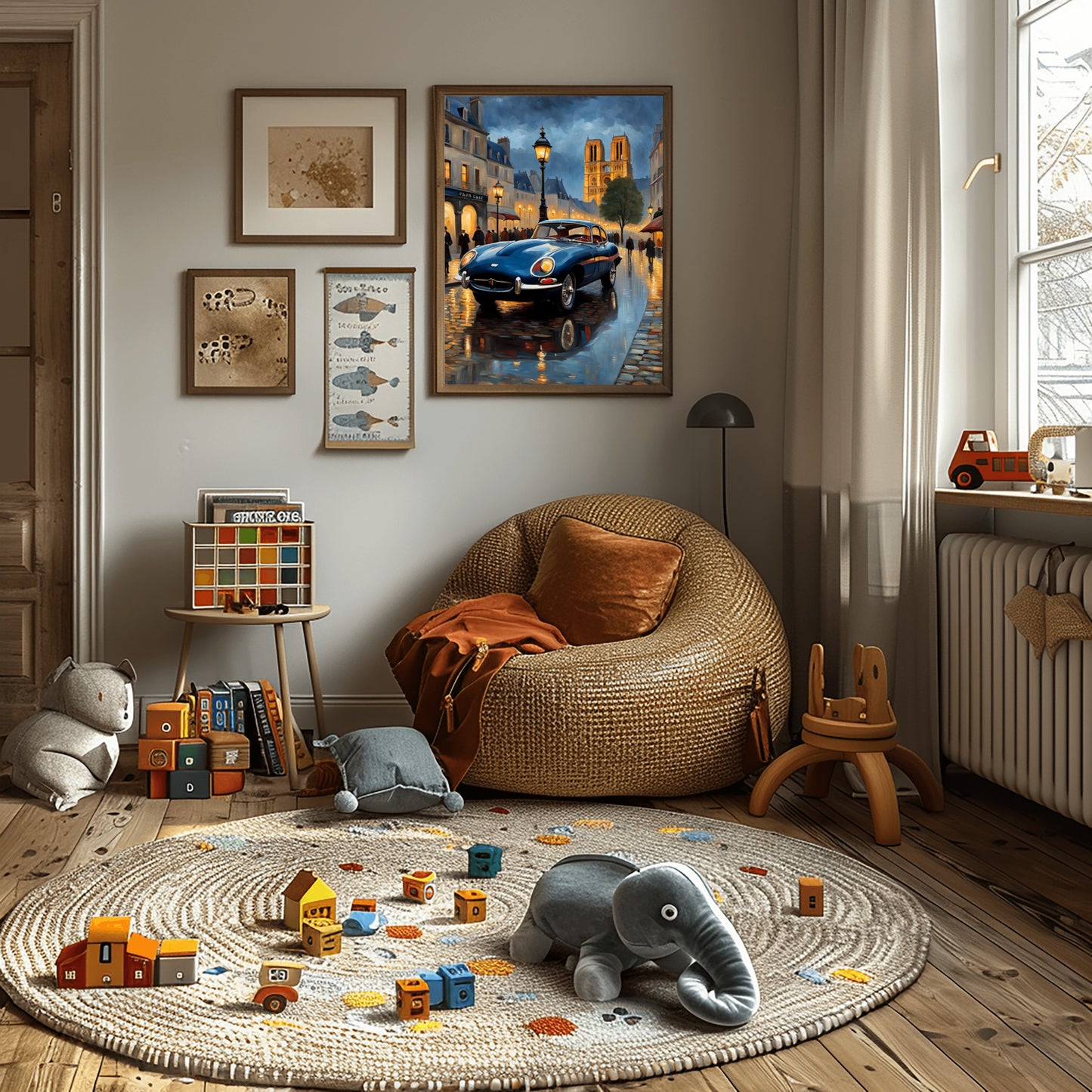 Cozy children's playroom featuring rainy Paris evening artwork by AquilVision above a wicker chair