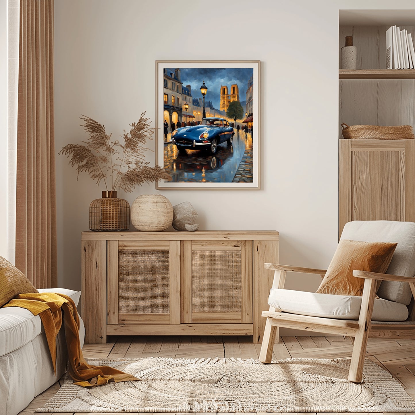 AquilVision rainy Paris evening artwork featuring a classic car on wet cobblestone street in framed digital print