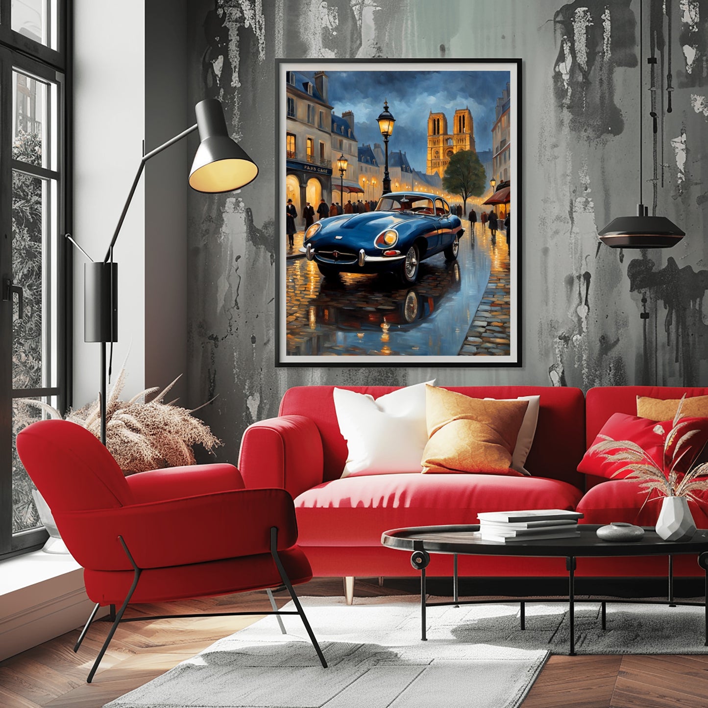Framed rainy Paris evening artwork by AquilVision hanging above red sofa in modern living room