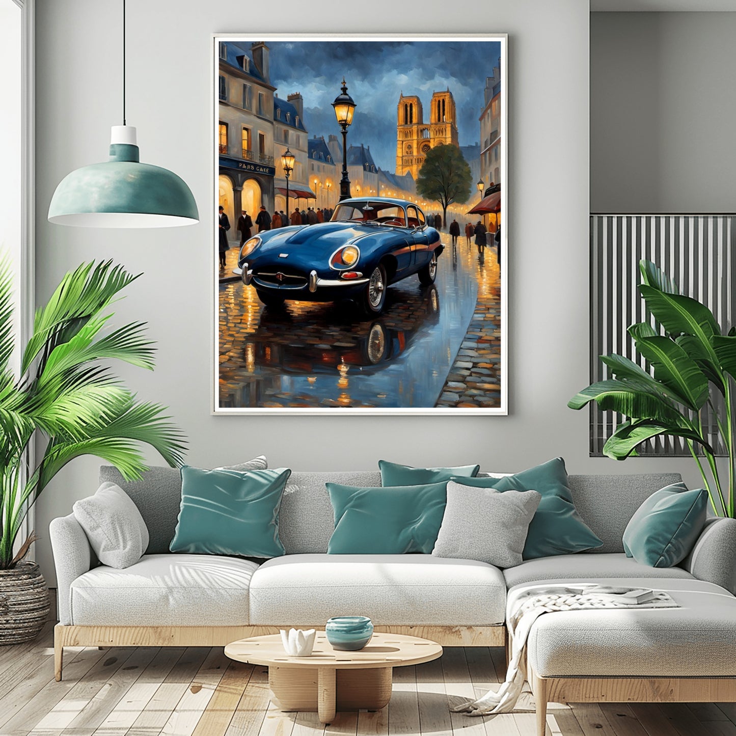 AquilVision rainy Paris evening artwork featuring a classic car on wet cobblestone street with Notre Dame in the background