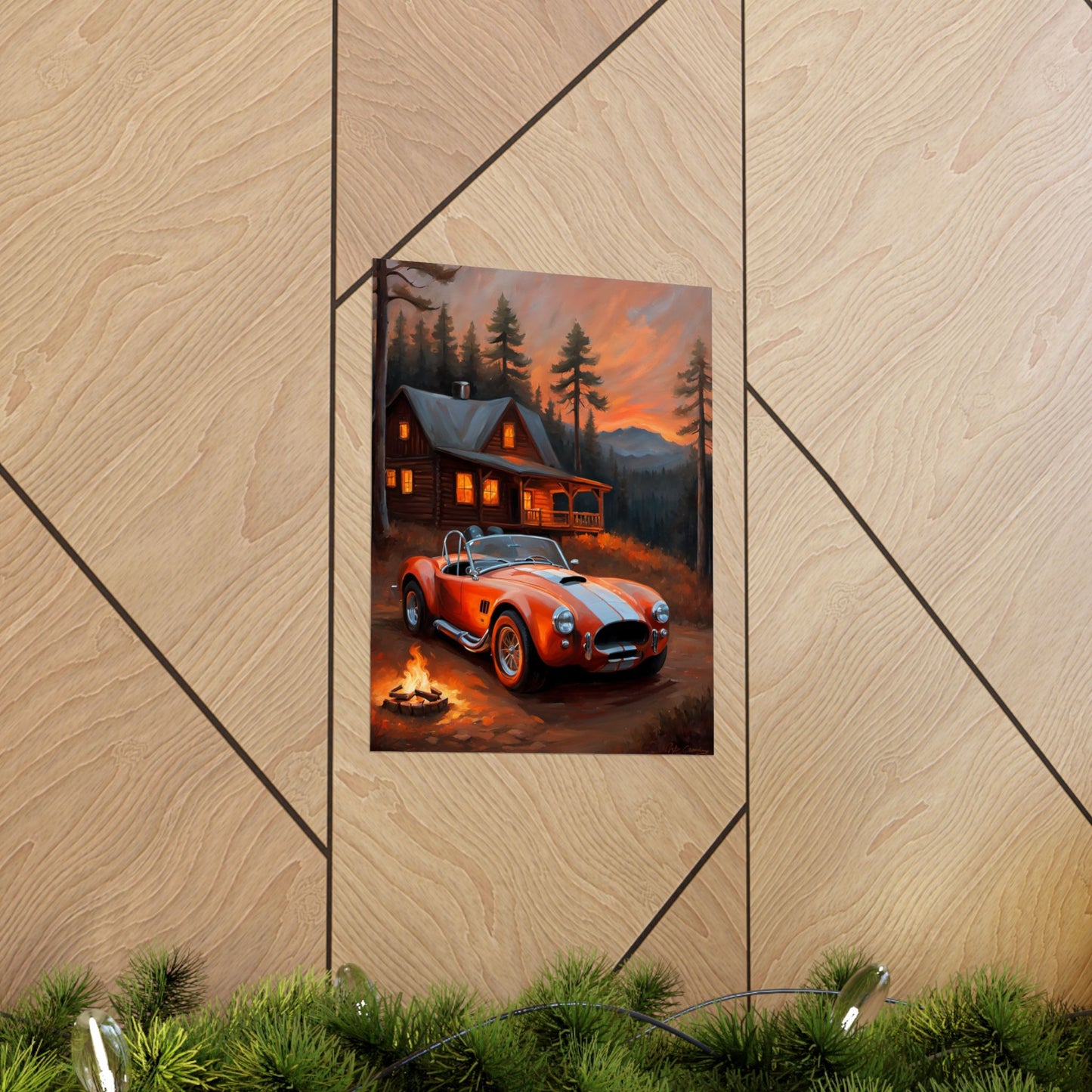 Retro American Car Art featuring a classic sports car near a cozy cabin in a scenic landscape