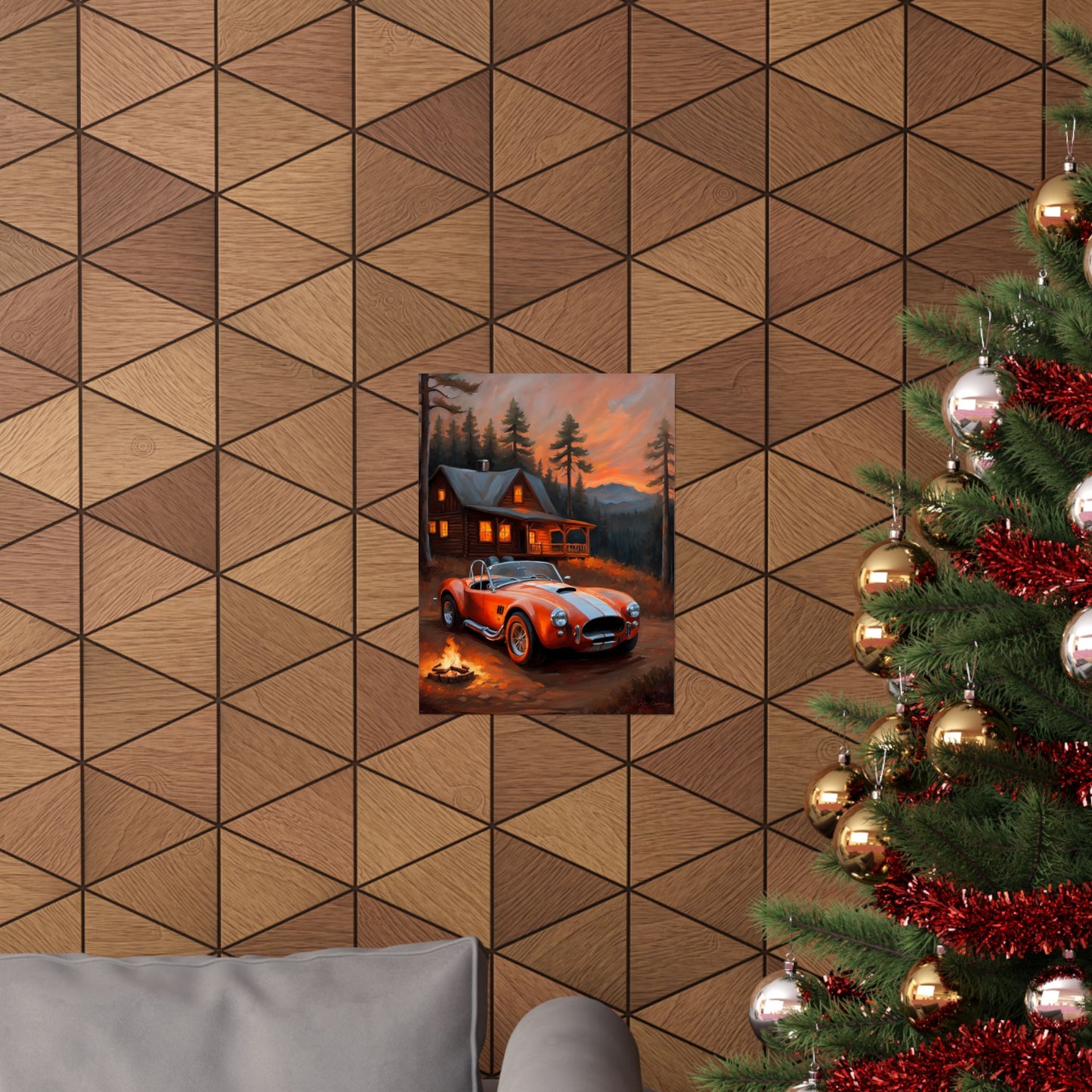 Retro American Car Art poster displayed on a wall with a cozy living room background