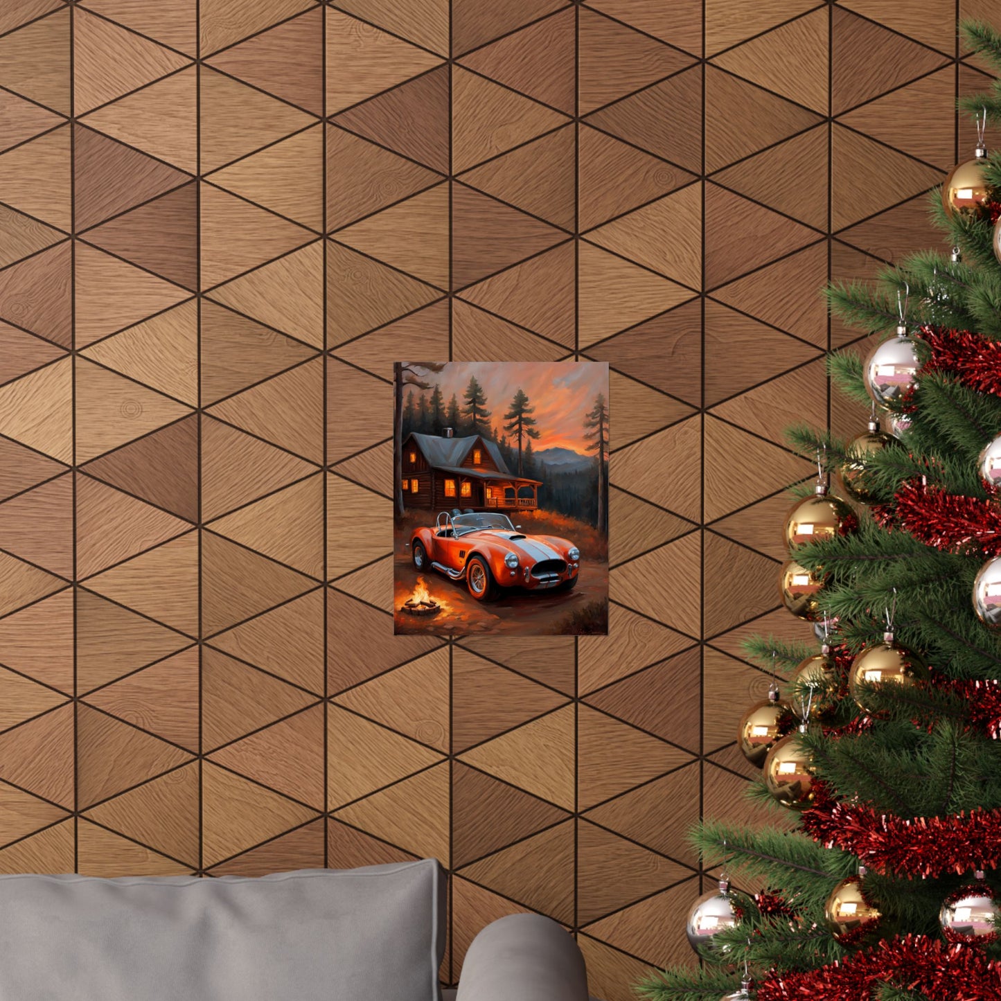 Retro American Car Art poster depicting a classic car near a cozy cabin on a wooden wall