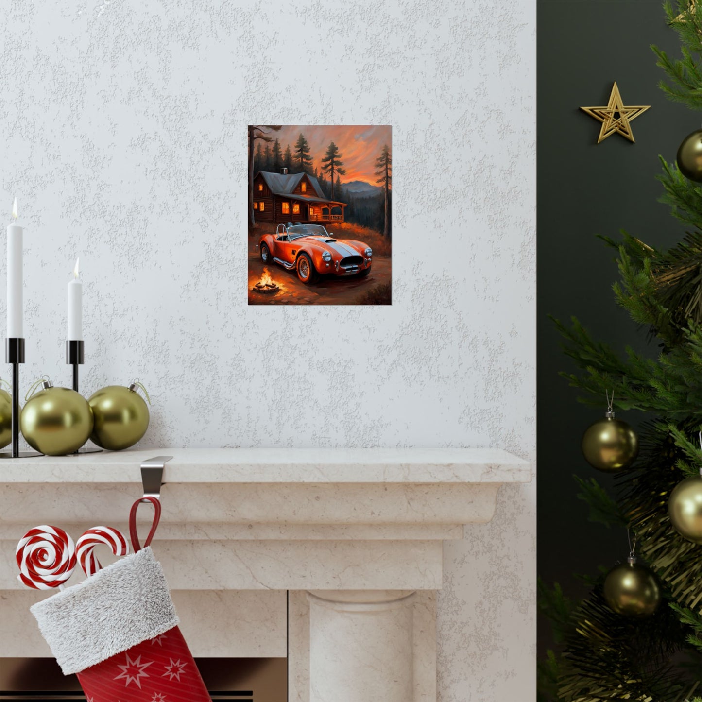 Retro American Car Art poster displayed on a wall over a fireplace with holiday decor