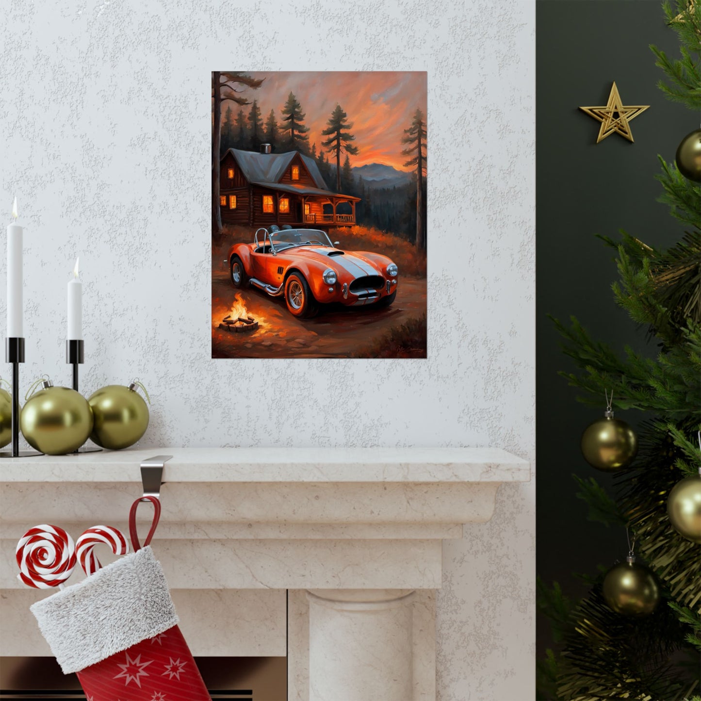 Vintage poster featuring Retro American Car Art of an orange sports car at a cabin in the woods