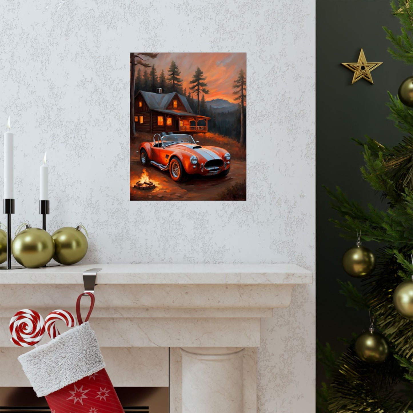Retro American Car Art featuring a classic red sports car near a cozy cabin at sunset
