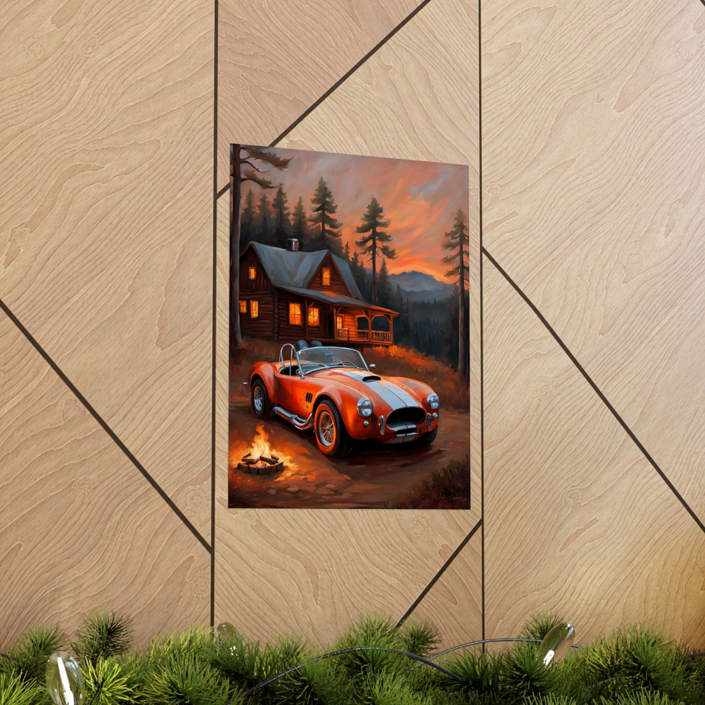 Retro American Car Art featuring a classic red sports car parked near a cabin at sunset