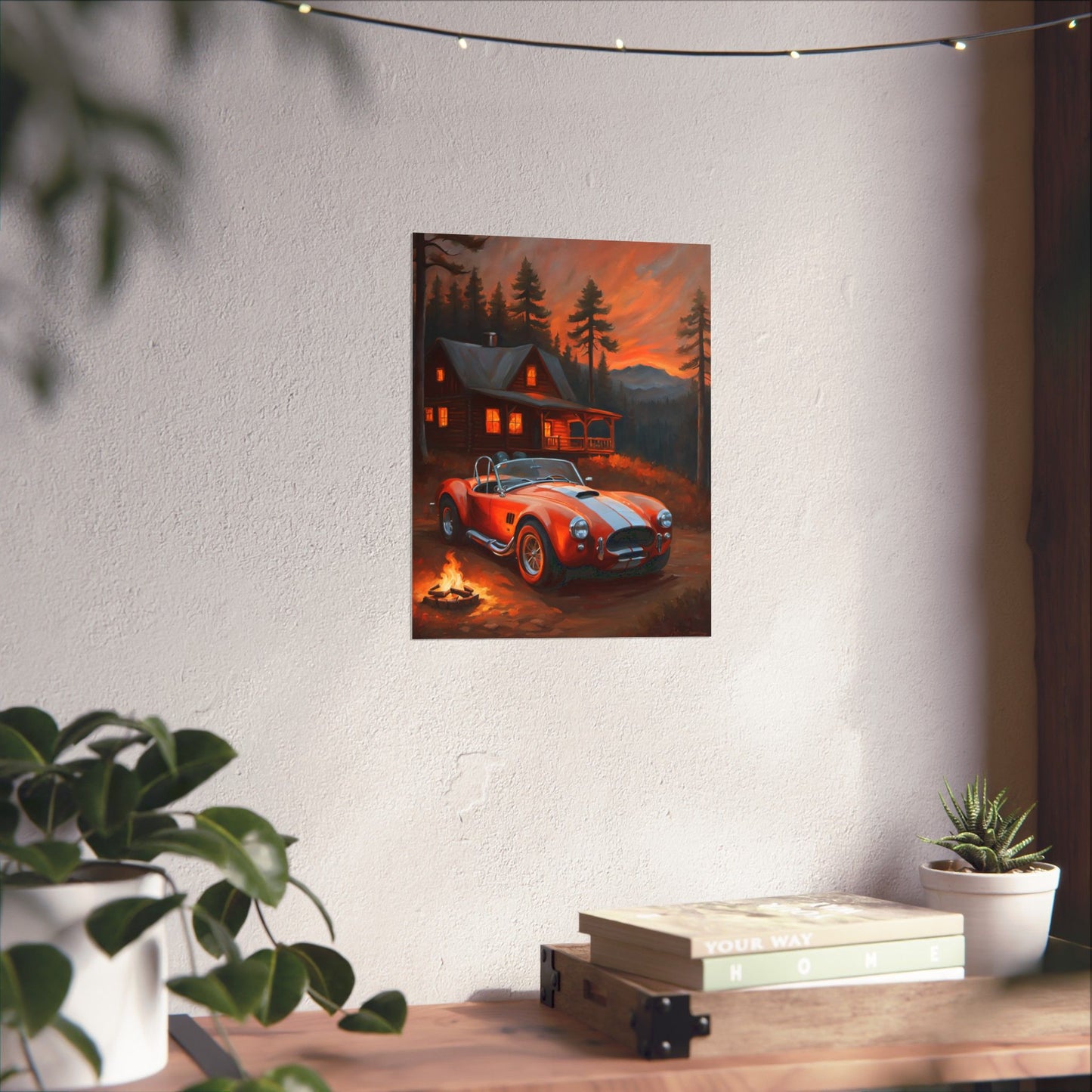 Retro American Car Art featuring a classic car parked near a cabin in a scenic sunset setting