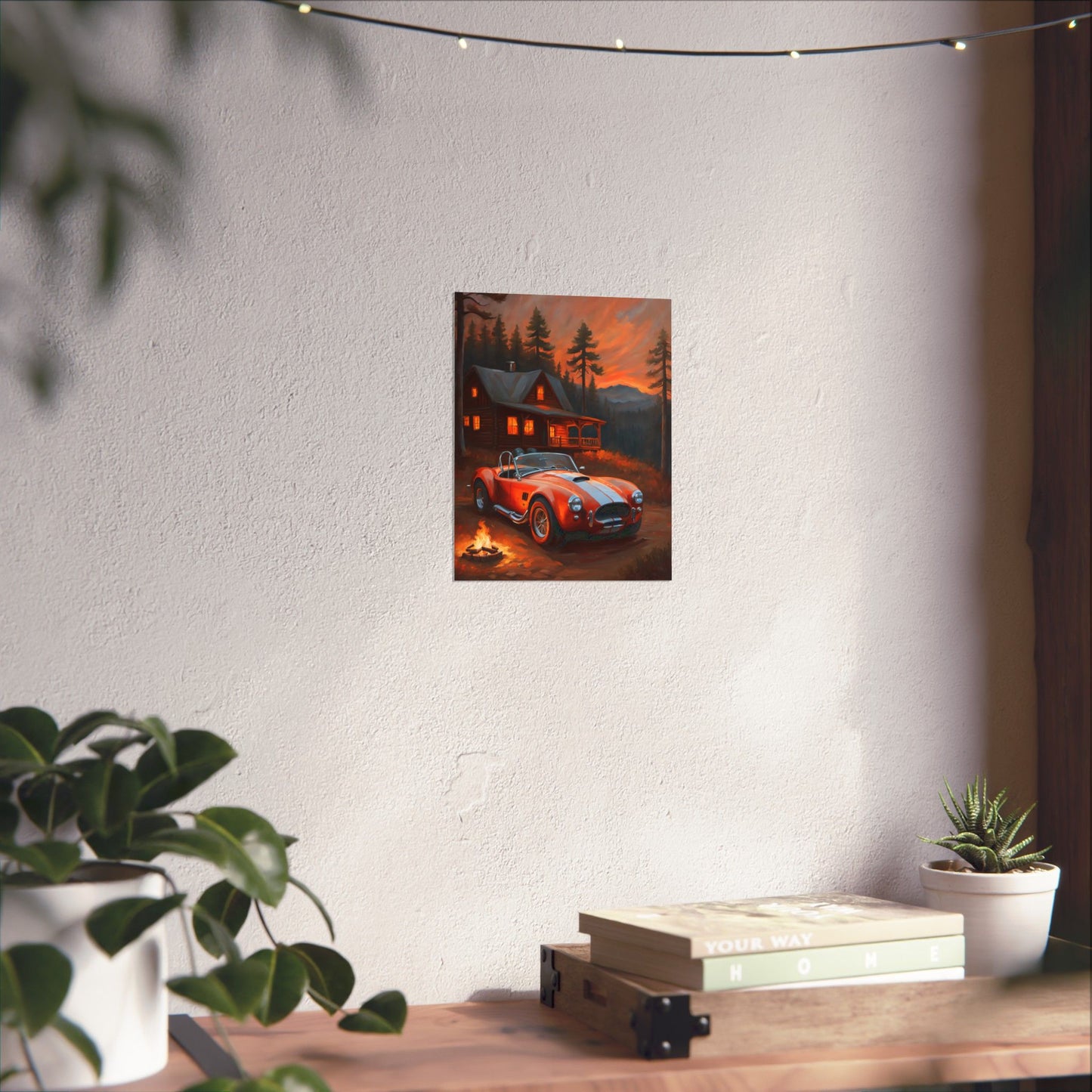 Retro American Car Art poster featuring a vintage car in a cozy setting with trees and a cabin