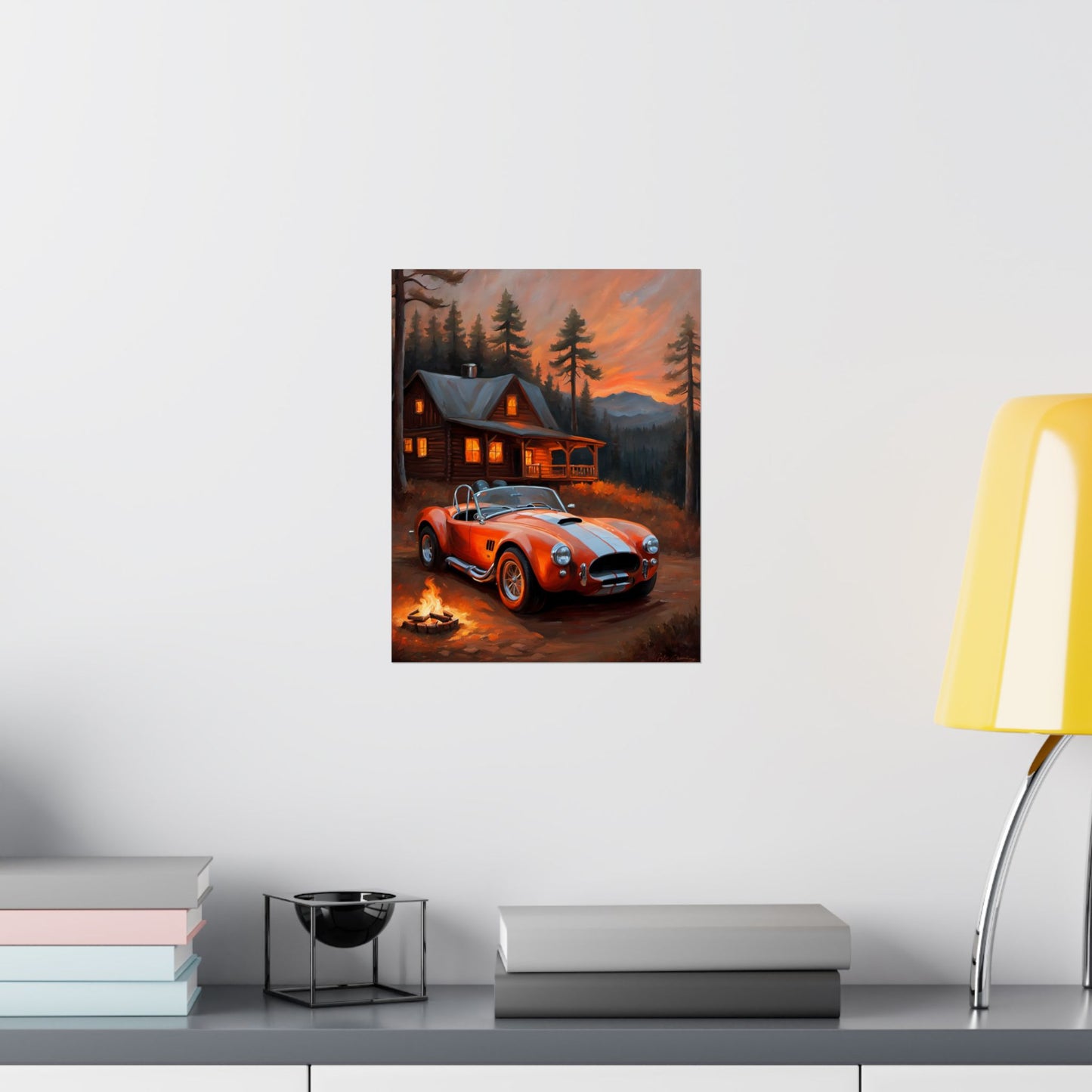 Retro American Car Art featuring a vivid red sports car parked by a cabin amidst a scenic landscape