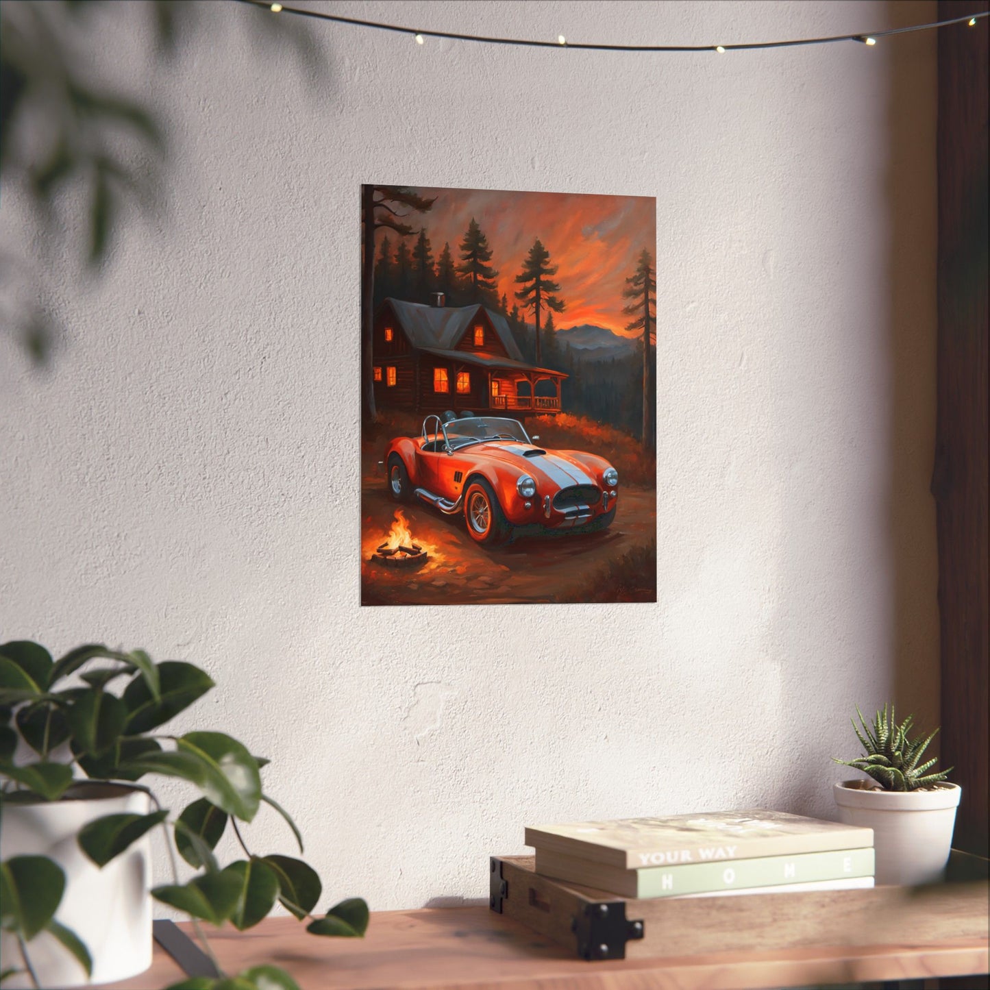 Retro American Car Art featuring a classic red car by a cozy cabin with a campfire scene