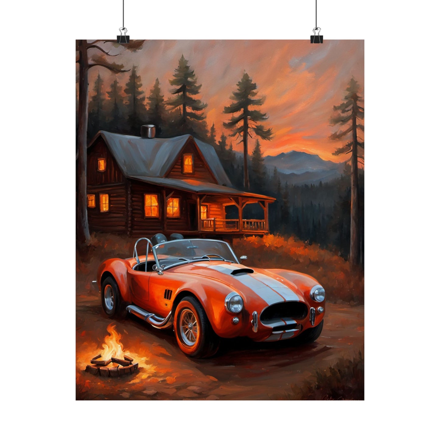 Retro American Car Art print featuring a classic sports car near a cabin at sunset