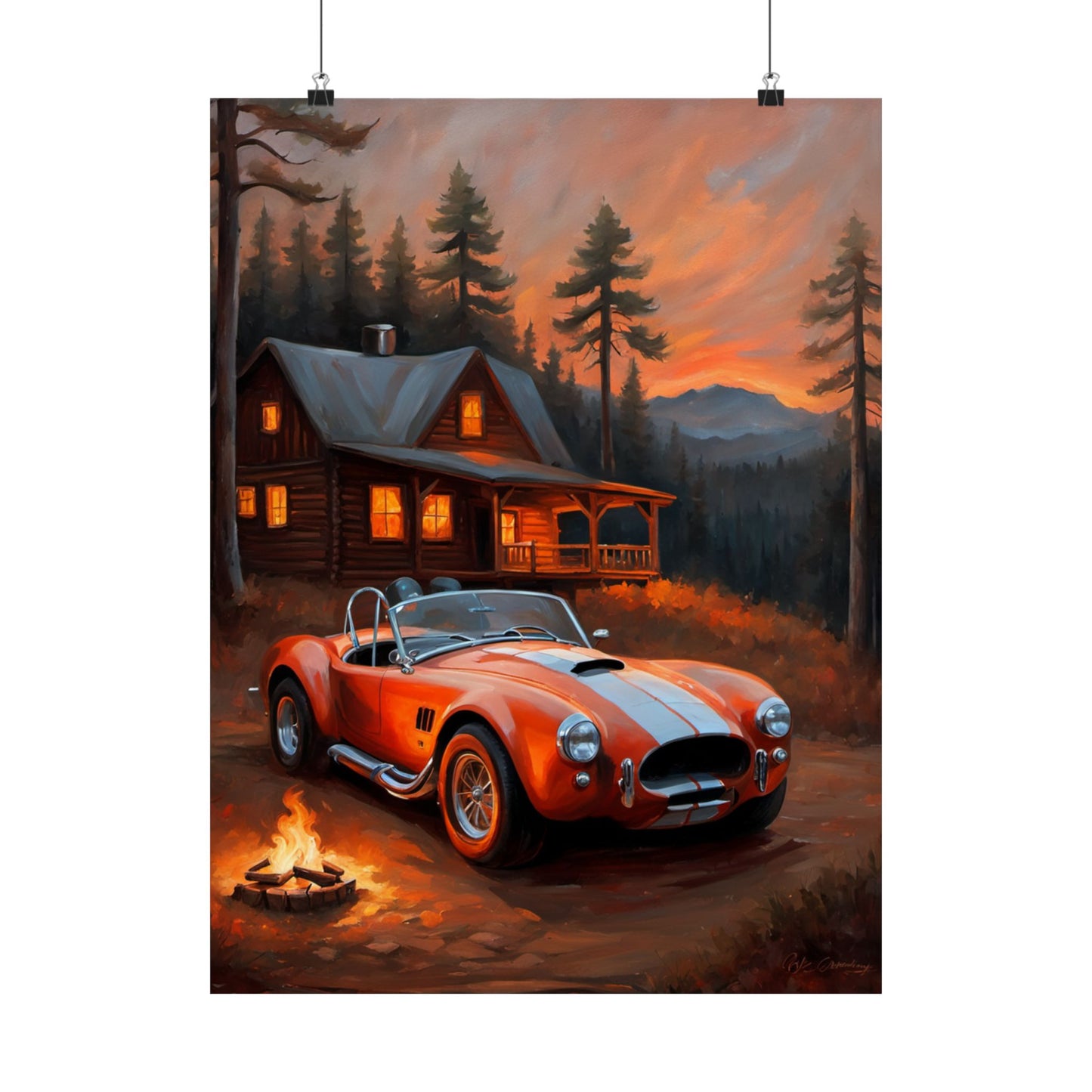 Retro American Car Art featuring an orange sports car at sunset near a cabin in the woods