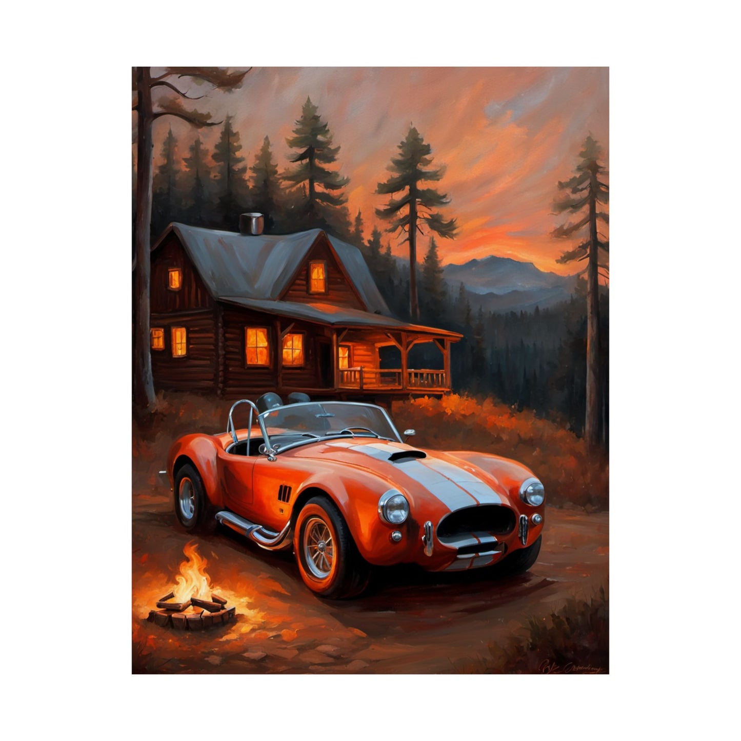 Retro American Car Art featuring a vibrant red car parked by a cabin at sunset