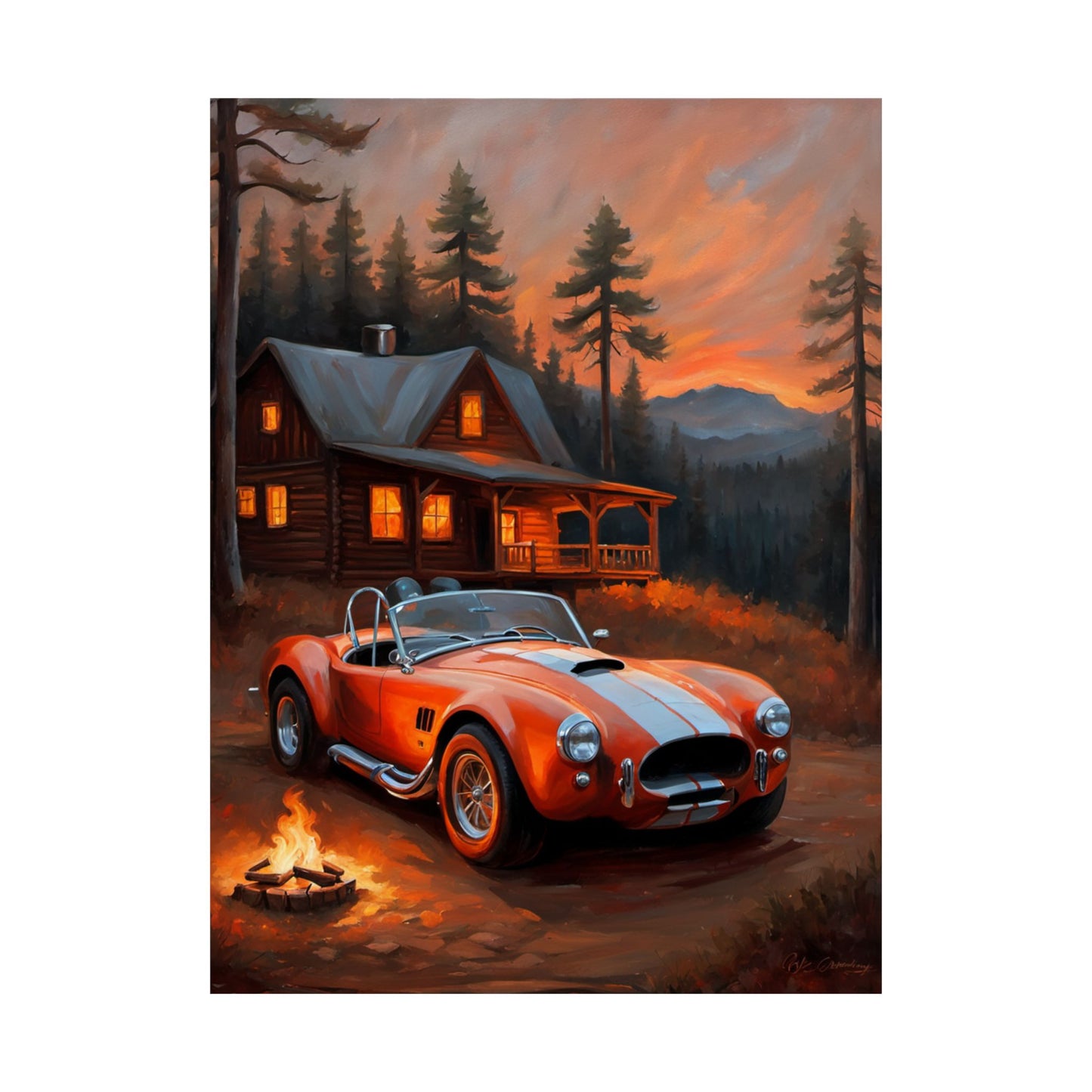 Retro American Car Art featuring a red sports car parked near a cabin at sunset