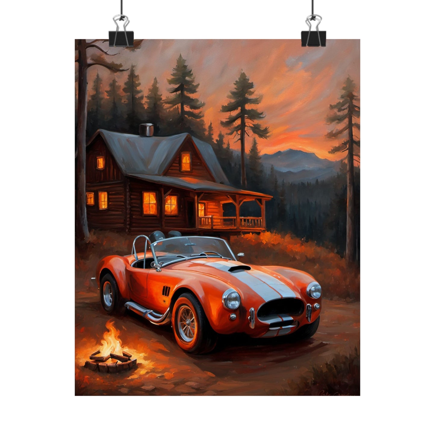 Retro American Car Art depicting a classic red sports car near a cabin with a campfire at sunset