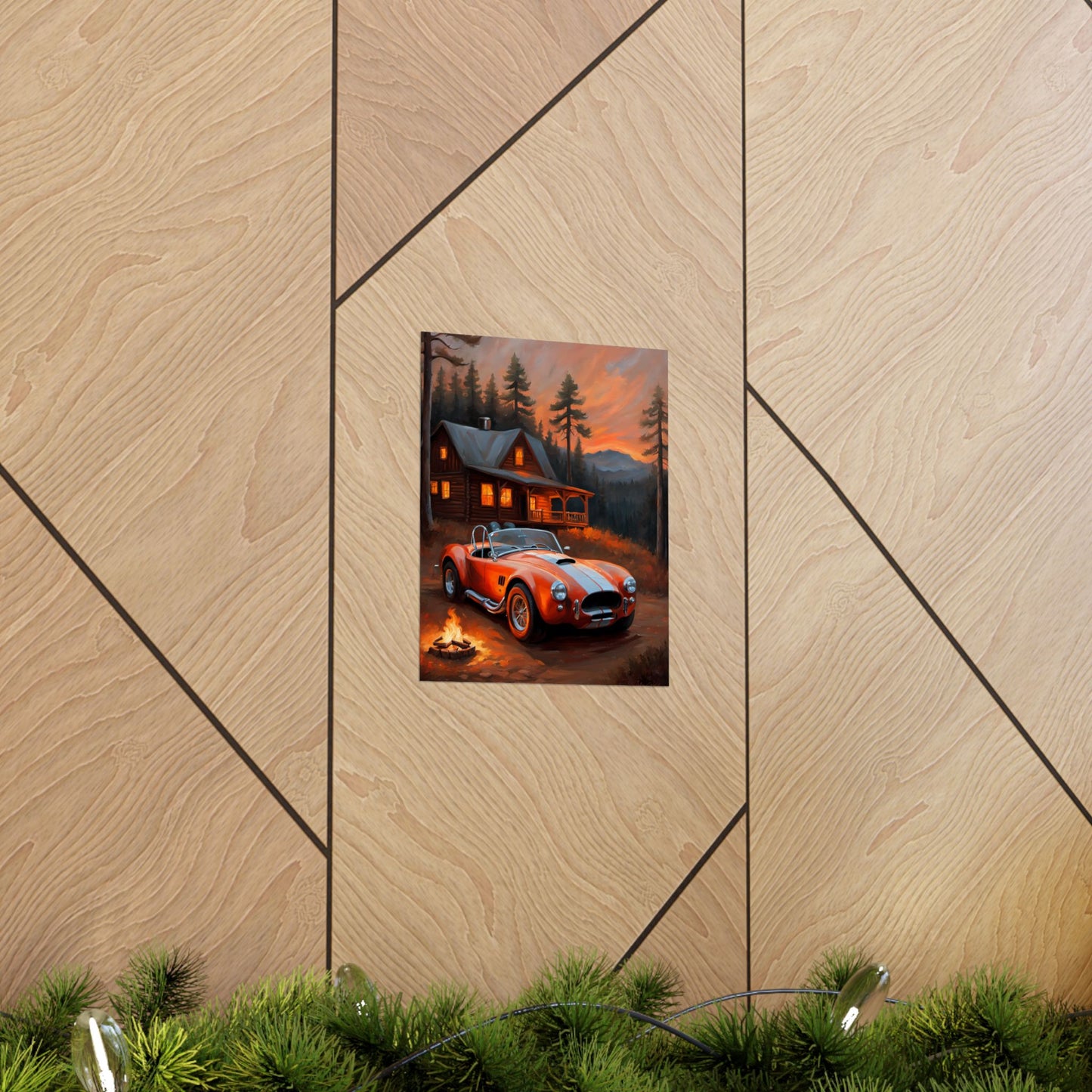 Retro American Car Art featuring an orange sports car near a cozy cabin at sunset