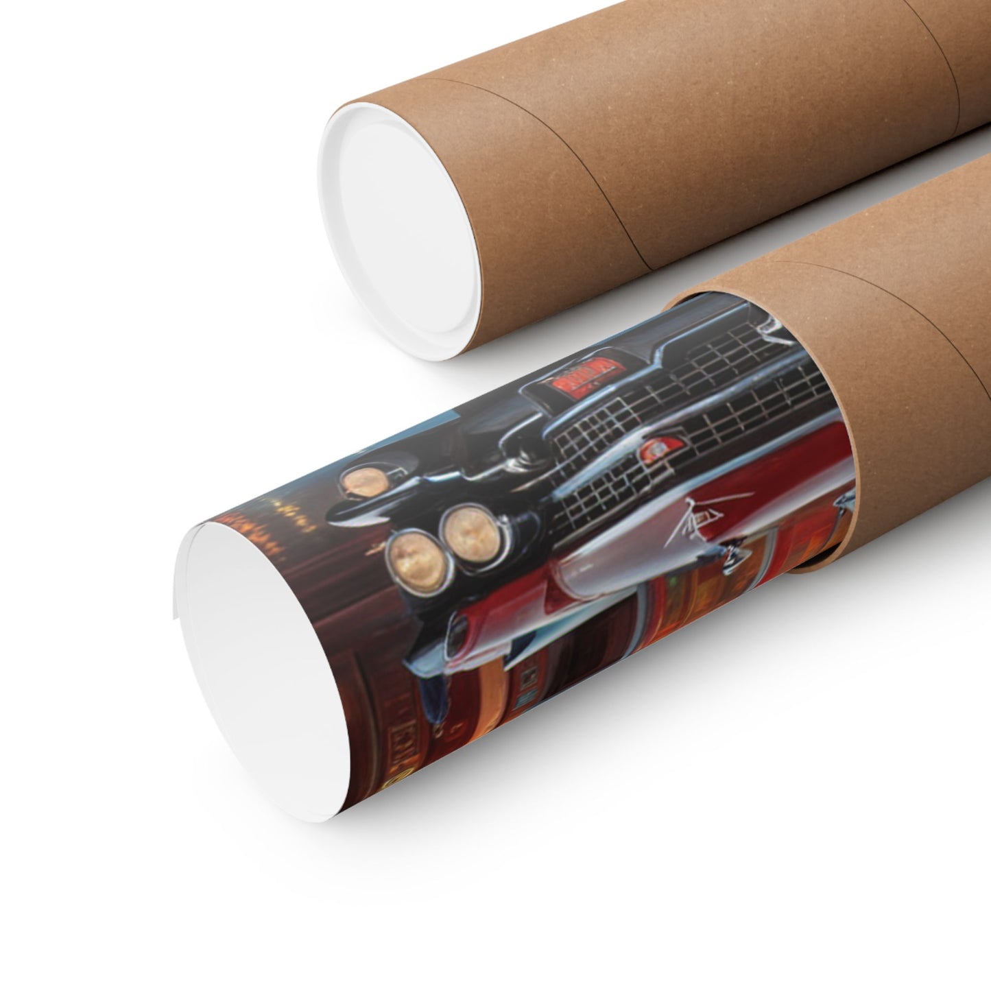 Retro Car Art Prints rolled in protective tube, showcasing classic automobile designs and vibrant colors