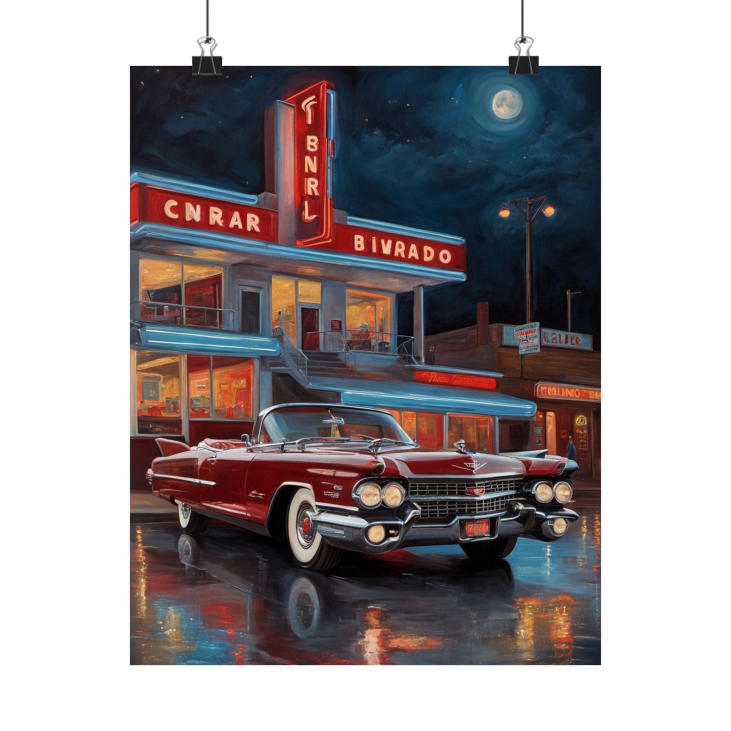 Retro Car Art Prints featuring a classic red convertible parked in front of a vintage diner at night