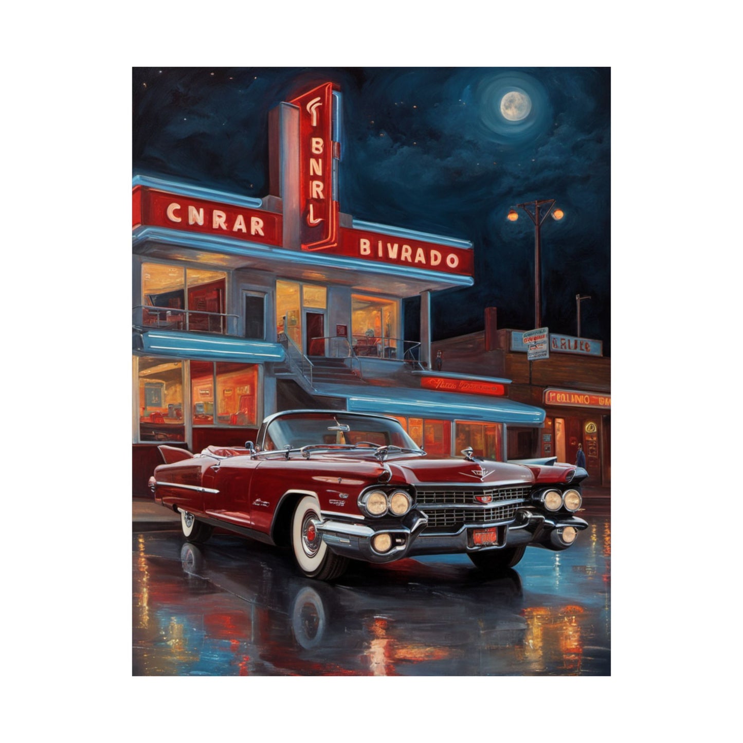 Retro Car Art Prints featuring a classic red convertible in front of a vintage diner at night