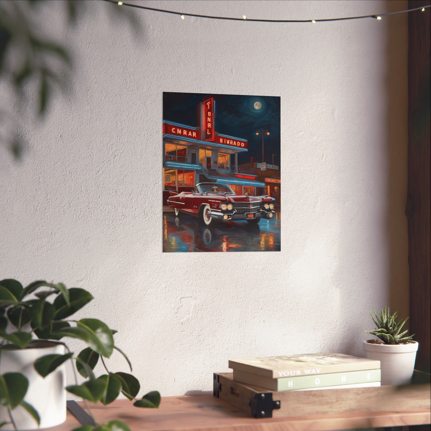 Retro Car Art Prints featuring a vintage car outside a diner at night with a glowing sign