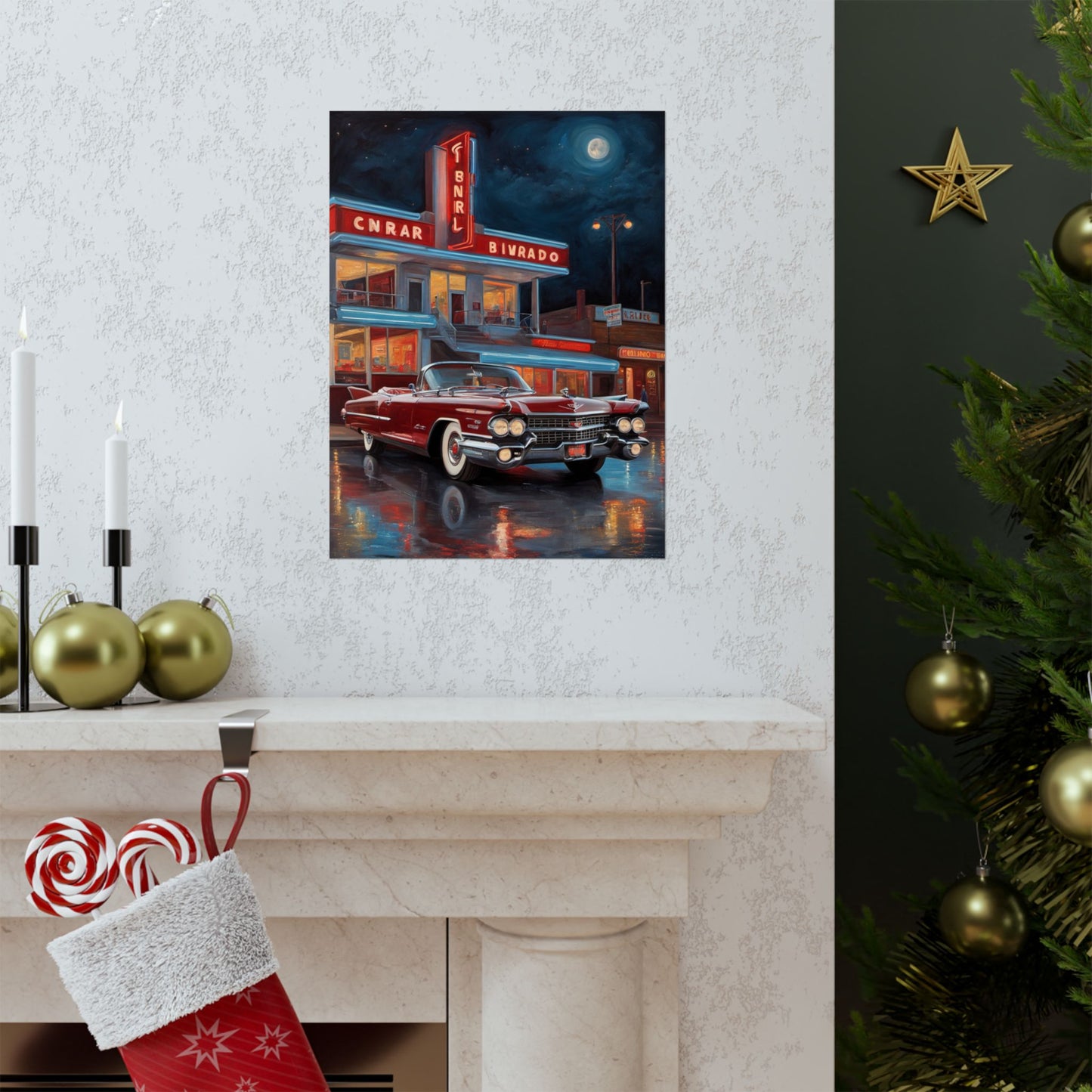 Retro Car Art Prints featuring a classic car in front of a vintage hotel at night