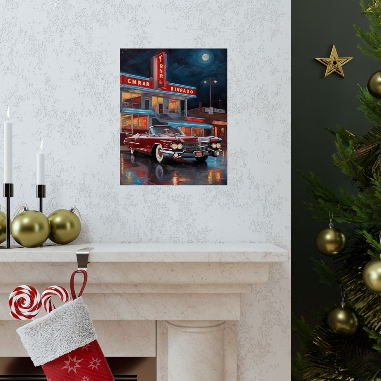 Nostalgic Car Art Prints featuring a classic car at a vintage diner under the moonlight