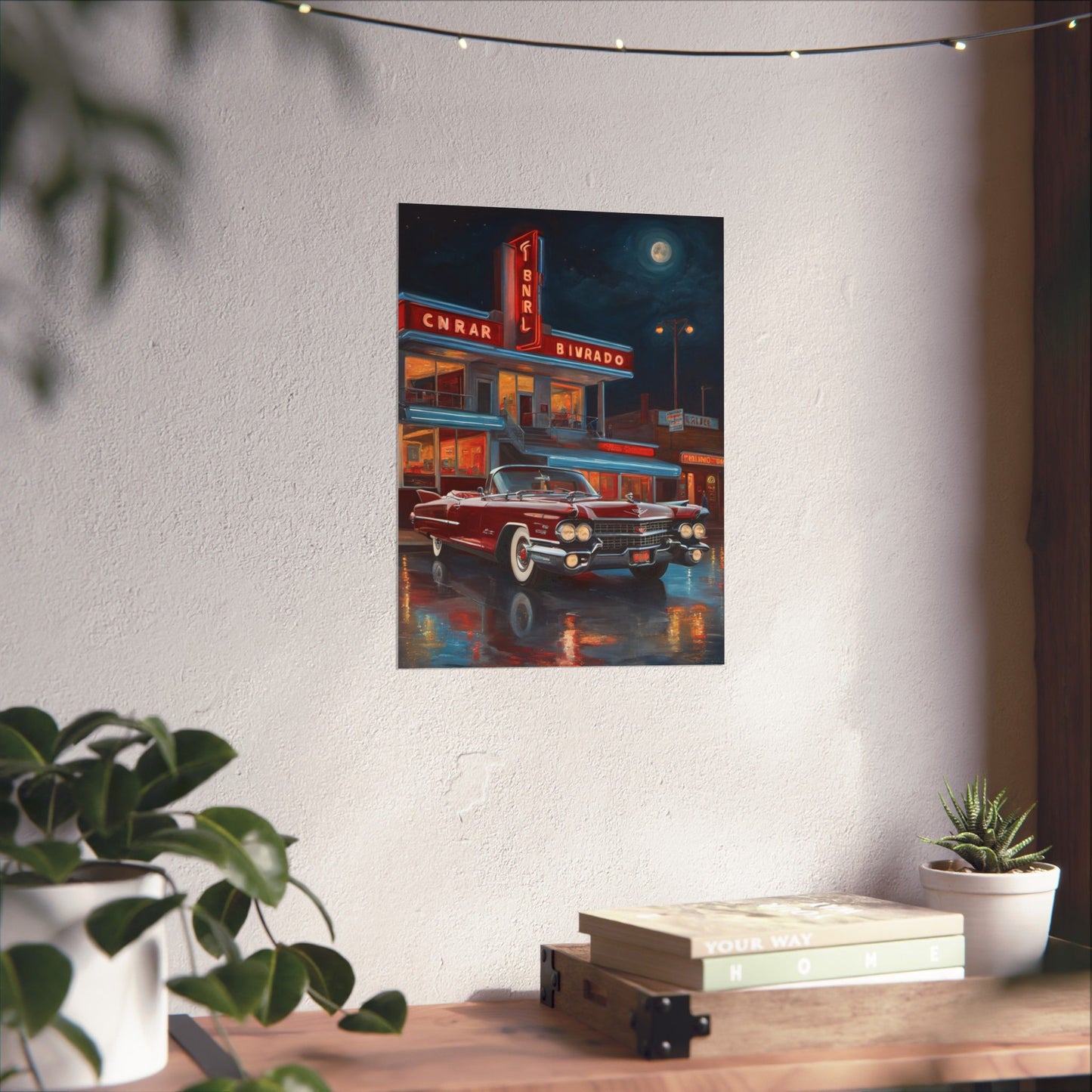 Retro Car Art Prints featuring a vintage car outside a classic diner illuminated by night lights