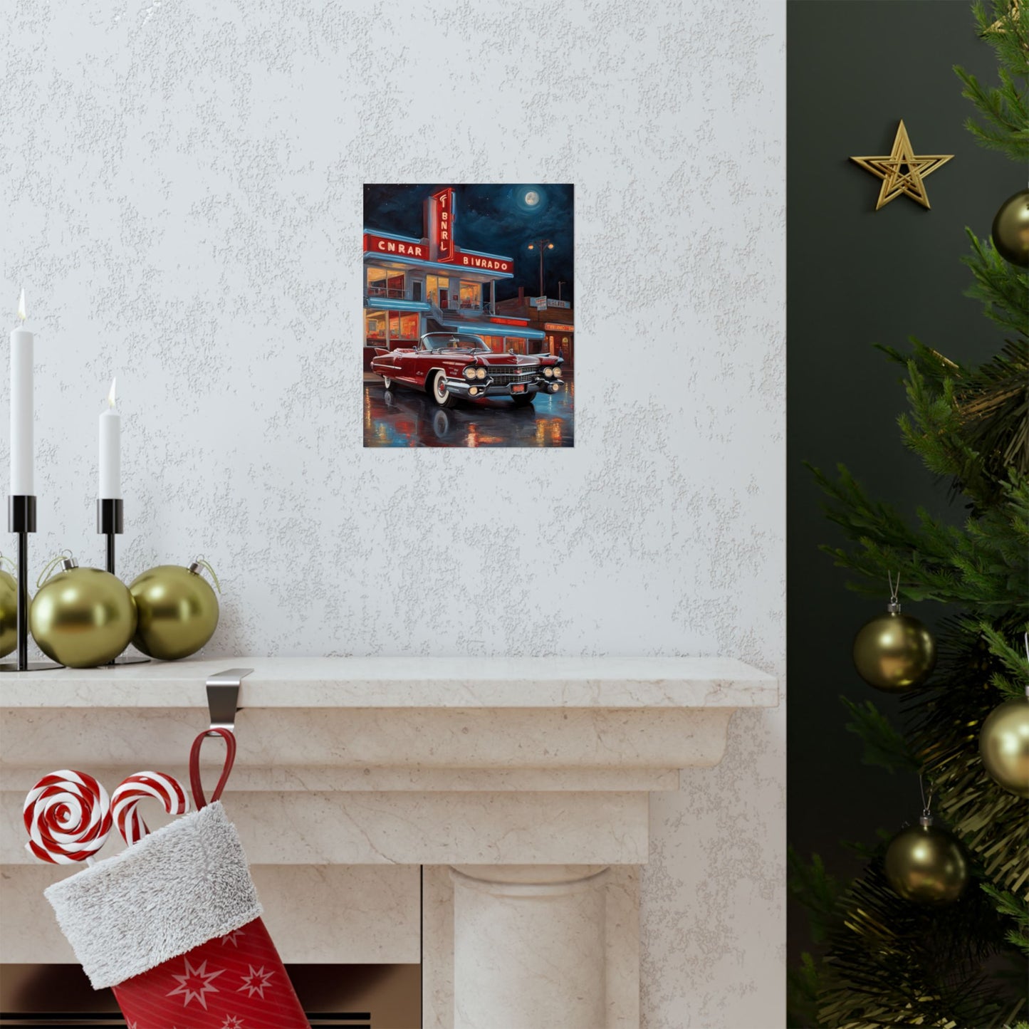 Retro Car Art Prints featuring a classic car in front of a vintage diner against a cozy backdrop