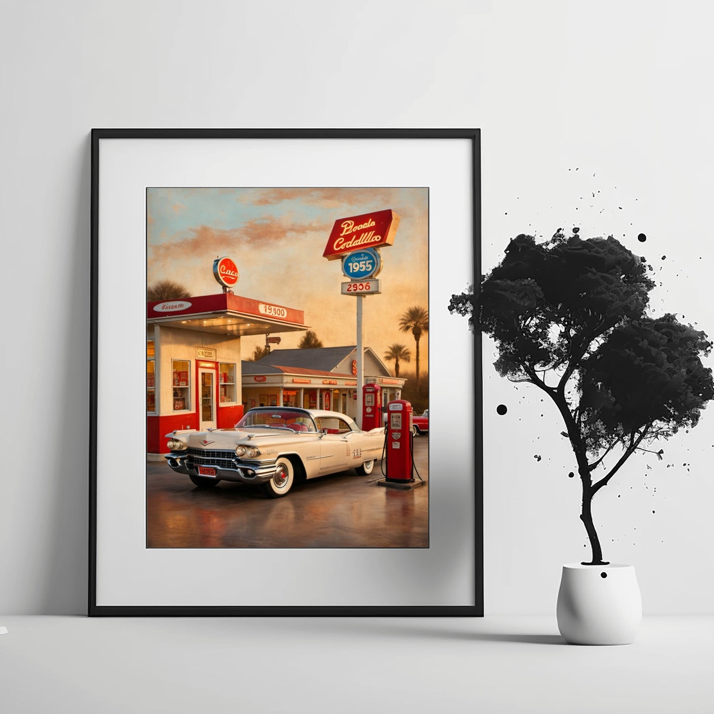 Framed retro car artwork for living room featuring classic 1955 Cadillac at vintage gas station